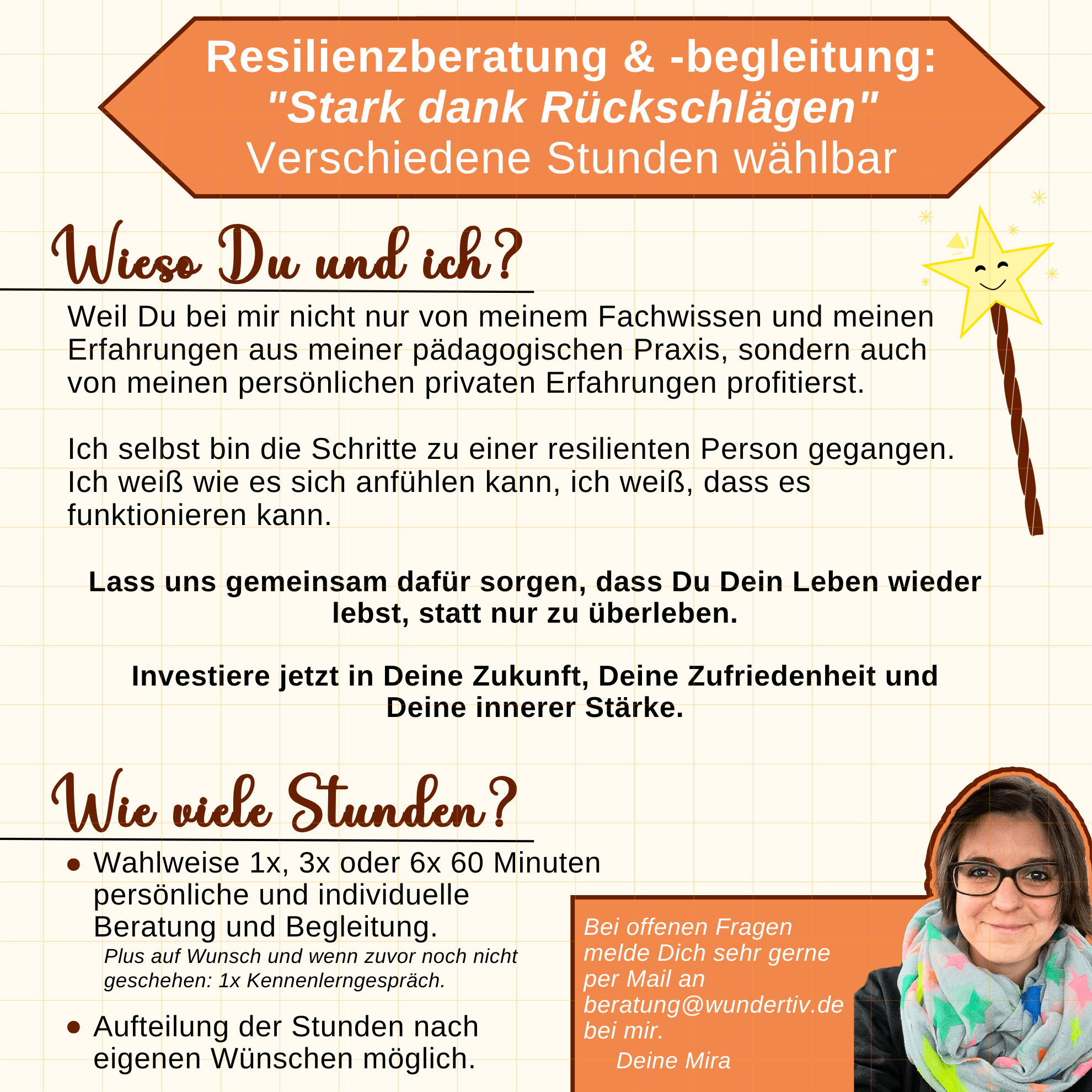 Die Kurzbeschreibung des Resilienzberatungs- und Begleitangebots "Stark durch Rückschläge" von Mira Dahm von Wundertiv auf orangem Hintergrund