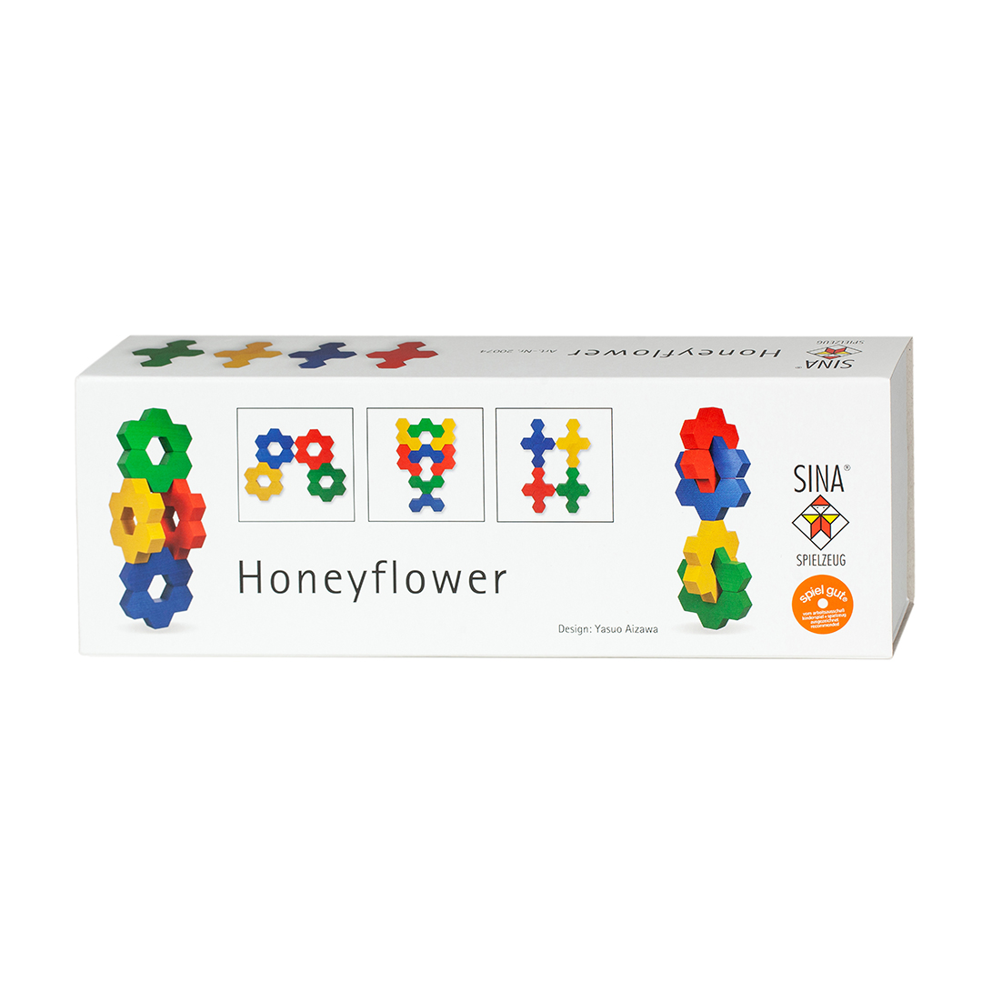 Verpackung der Honeyflower Holzbausteine, Sina Spielzeug Verpackung der Honeyflower Holzbausteine auf weißem Hintergrund