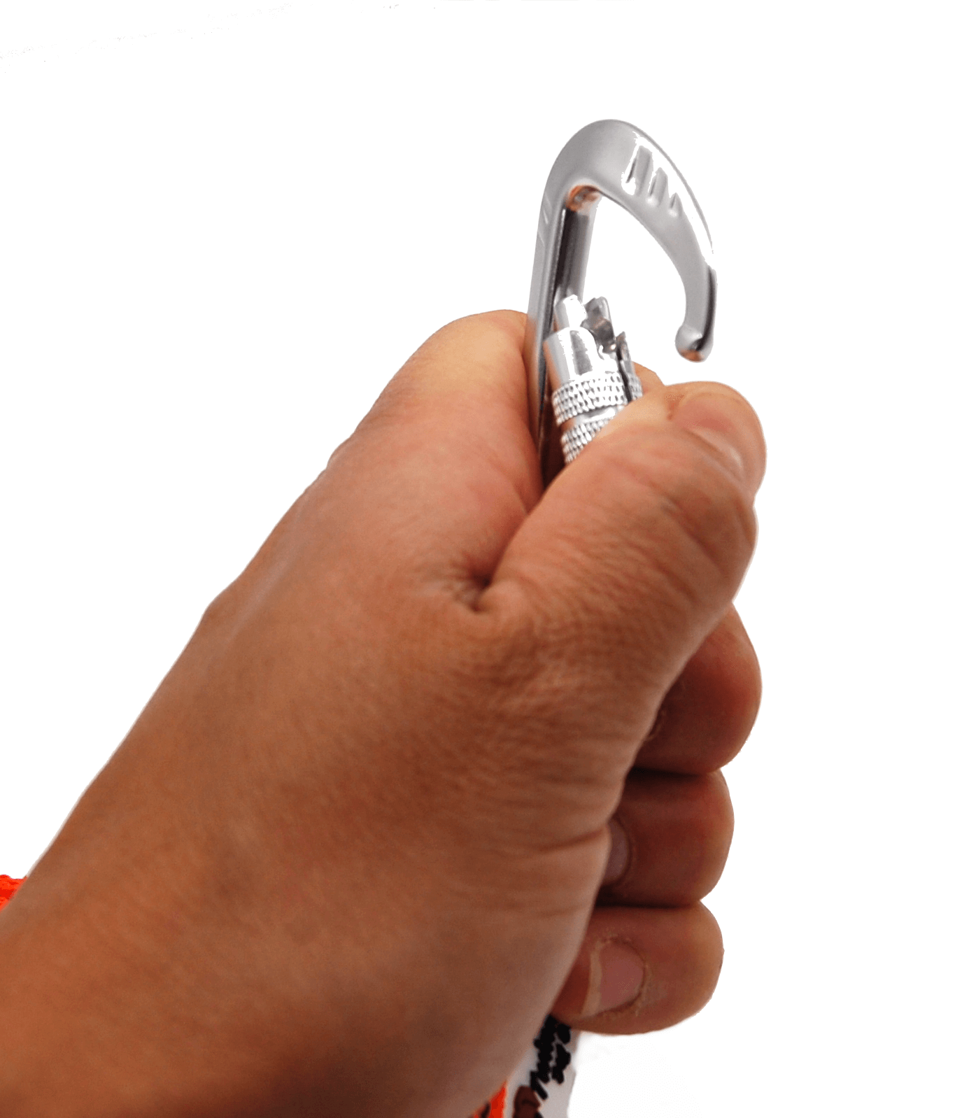 Hand auf weißem Hintergrund hält geöffneten Sicherheitskarabiner von Twinkys Dog Style