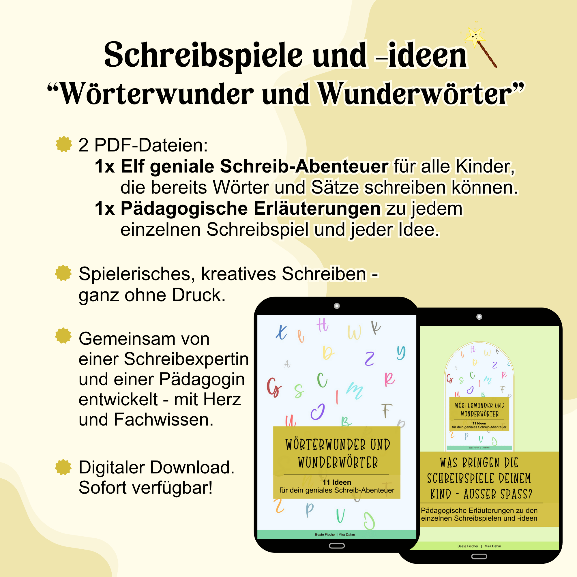Wörterwunder Schreibspiele: Digitaler Download für kreatives Schreiben Übersicht über die digitalen Inhalte der "Schreibspiele und -ideen Wörterwunder und Wunderwörter": 2 PDF-Dateien mit 11 genialen Schreib-Abenteuern und pädagogischen Erläuterungen, entwickelt von einer Schreibexpertin und einer Pädagogin, sofort als Downl