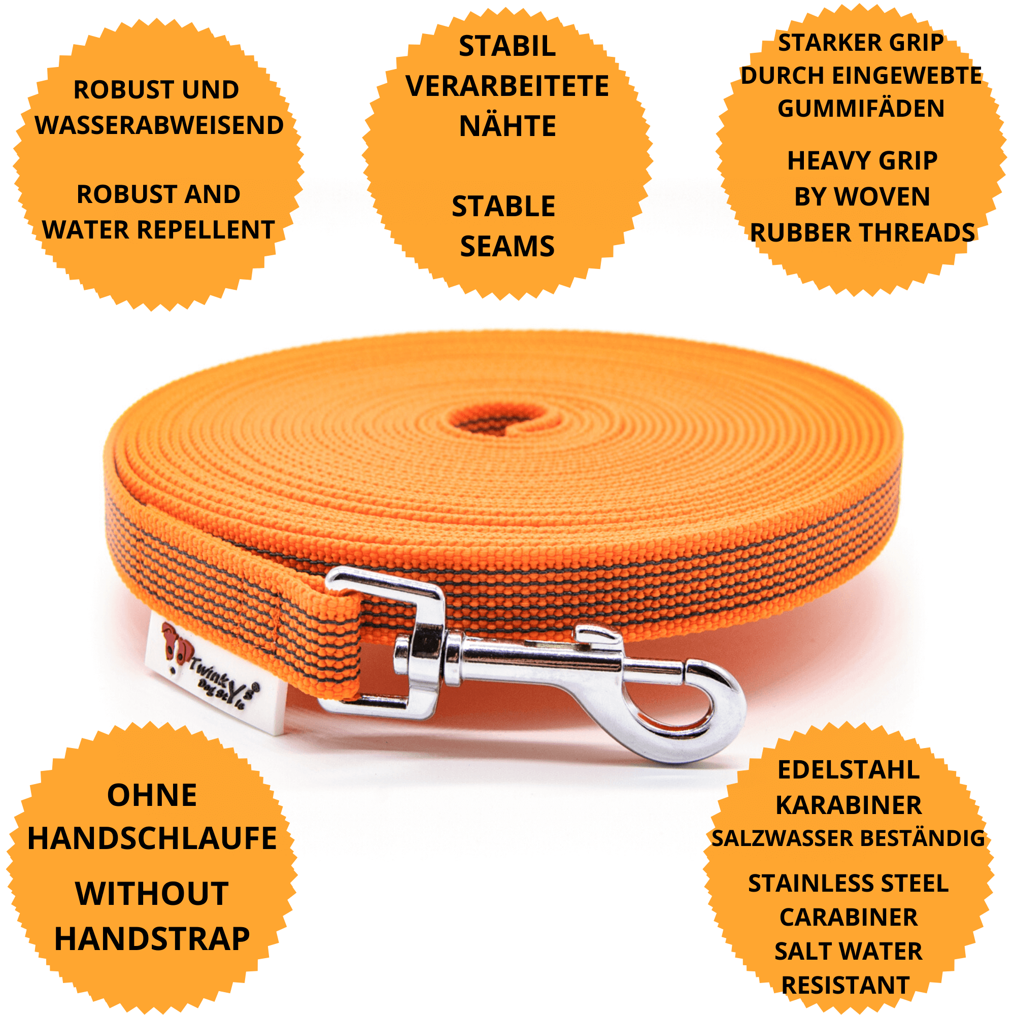 Vorteile Twinkys Dog Style Schleppleine Orange gummiert mit Edelstahlkarabiner und ohne Handschlaufe Orange gummierte Schleppleine liegt aufgerollt auf weißem Hintergrund. Drumherum sind Punkte mit Vorteilen dieser Schleppleine mit Edelstahlkarabiner und ohne Handschlaufe
