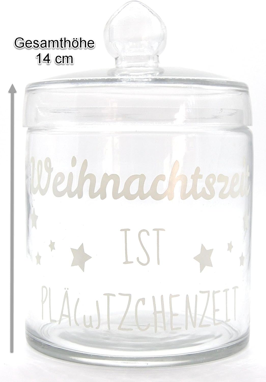 Glas Plätzchendose "Weihnachtszeit ist Plä(u)tzchenzeit". Durchsichtig, mit weißer Schrift. Deko-Highlight mit Höhenangabe Geschlossene Exner Keksdose von Vorn. Glas mit weißem Deckel und Deckel. Die Dose trägt den Spruch "Weihnachtszeit ist Plä(u)tzchenzeit" in Weiß. Eine Angabe neben der Dose zeigt die Gesamthöhe von 14 cm.