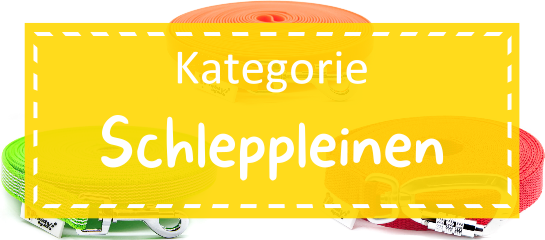 Kategoriebild Schleppleinen Drei Schleppleinen in verschiedenen Farben liegen auf weißem Hintergrund. Darüber ist ein leicht transparenter blauer Kasten gelegt auf dem mit weißer Schrift "Kategorie Schleppleinen" steht