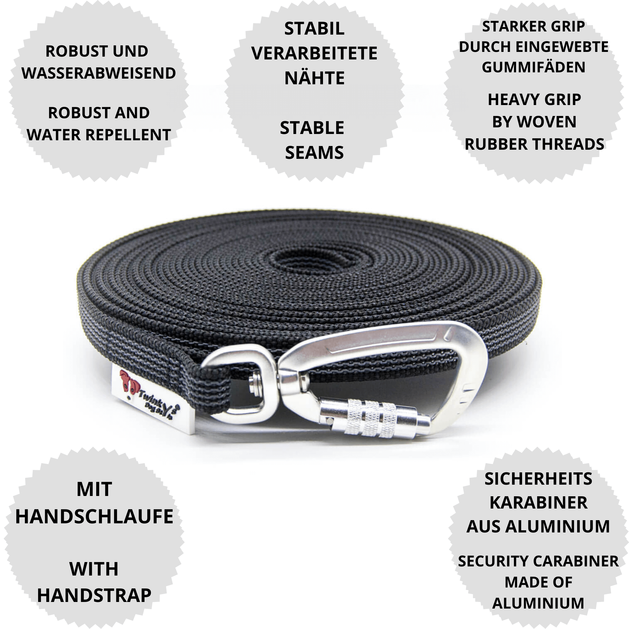 Vorteile Twinkys Dog Style Schleppleine schwarz gummiert mit Sicherheitskarabiner und mit Handschlaufe Schwarz gummierte Schleppleine mit Sicherheitskarabiner liegt aufgerollt auf weißem Hintergrund. Drumherum sind Punkte mit Vorteilen von dieser Schleppleine mit Sicherheitskarabiner und Handschlaufe.