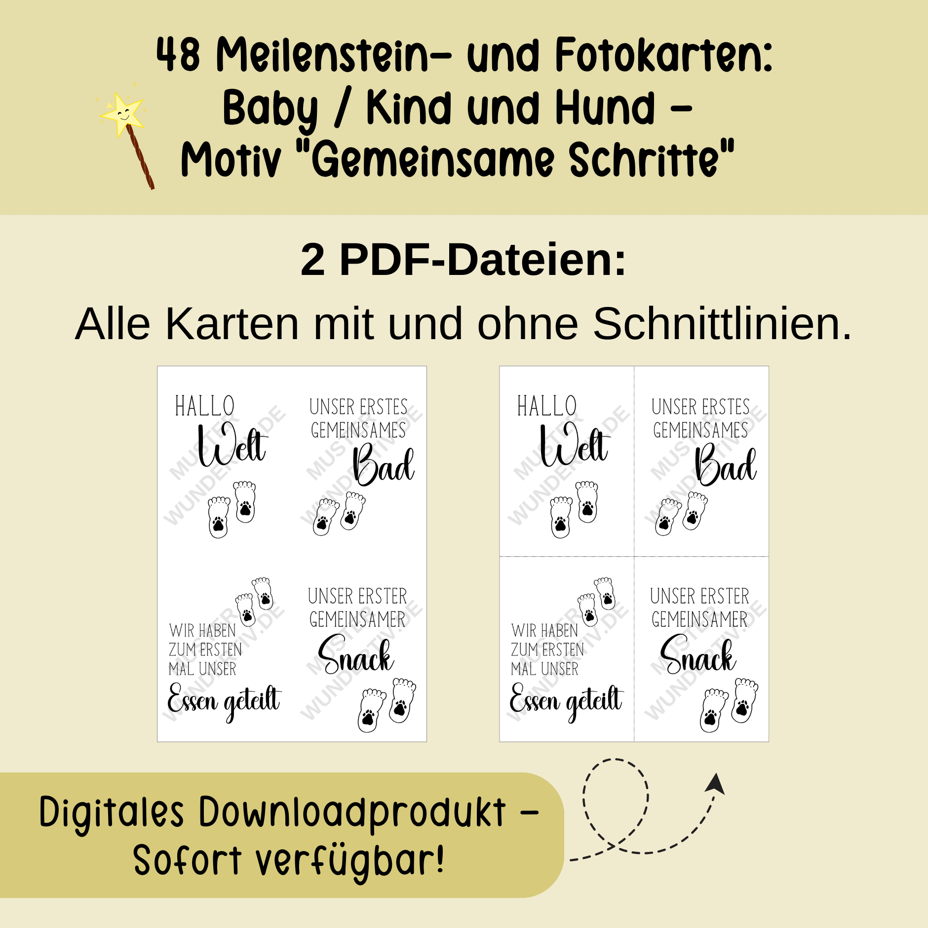 Hinweisbild zu den Wundertiv Meilenstein- und Fotokarten Baby / Kind und Hund: Motiv Gemeinsame Schritte. Hinweis, dass alle Karten mit und ohne Schnittlinie enthalten sind.