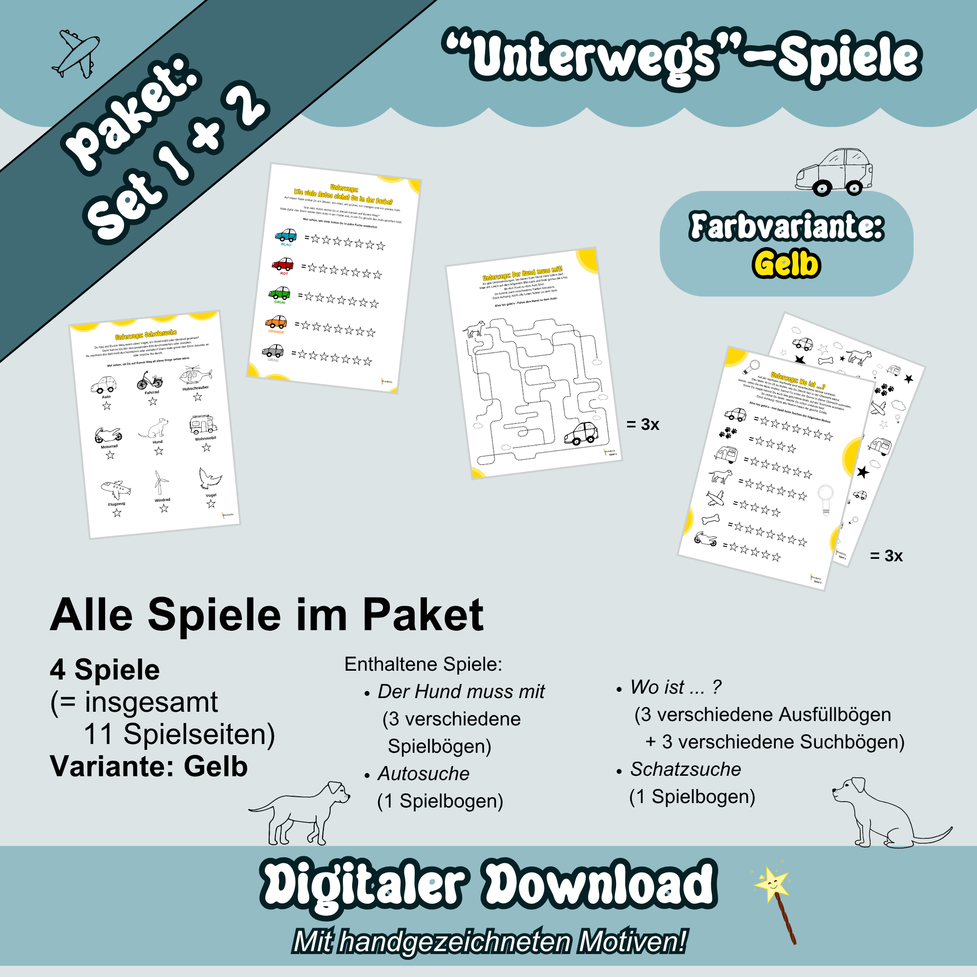 Übersichtsbild zum Spielepaket zum Thema "Unterwegs" - Überblick Gelb: Alle gelben Spielbögen von Set 1 + 2 sind auf blauem Hintergrund zu sehen. Dazu sind Inhaltsangaben zu den enthaltenen Spielen aufgezeigt.