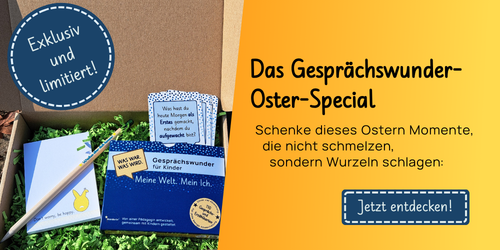 Mobile Version: Oster-Special 2026 | Gesprächskarten, Hasen-Block + Motivations-Bleistift von Wundertiv Mobile Version: Banner zum Oster-Special 2026 von Wundertiv: Gesprächswunder- Hasen-Popo-Block und Samenbleistift. Inklusive Foto des Sets im Versandkarton mit grünem Deko-Gras.