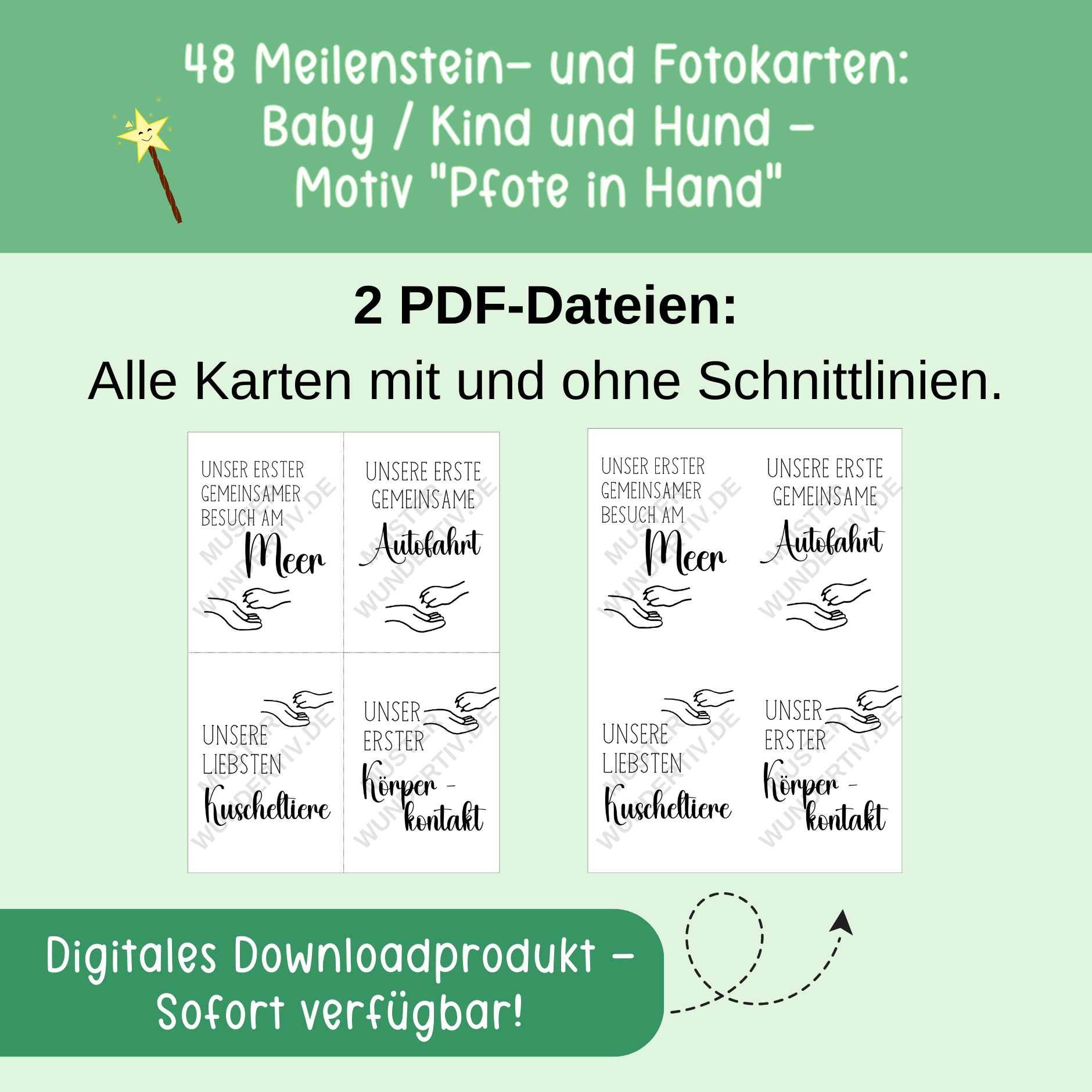 Hinweisbild zu den Wundertiv Meilenstein- und Fotokarten Baby / Kind und Hund: Motiv Pfote in Hand. Hinweis, dass alle Karten mit und ohne Schnittlinie enthalten sind.