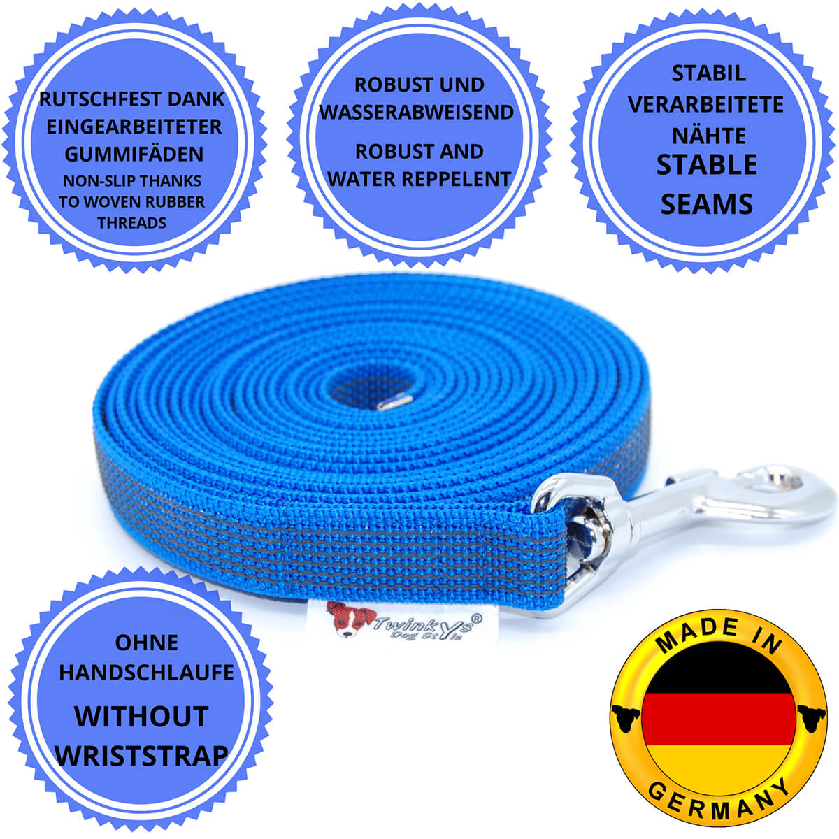 Blau gummierte Schleppleine liegt aufgerollt auf weißem Hintergrund. Drumherum sind Punkte mit Vorteilen von Blau gummierten Schleppleine mit Zinkdruckgusskarabiner und ohne Handschlaufe