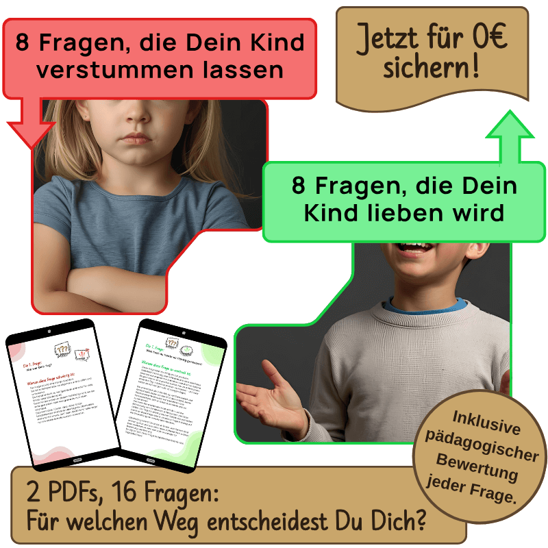 Wundertiv zum Kennenlernen: Real-Ansicht der 8 Fragen, die Kinder lieben vs. verstummen lassen – Jetzt für 0€ Realistische Produktvorschau des Wundertiv-Freebies: Gezeigt werden zwei übersichtliche PDF-Seiten mit 8 Impulsen, die Kinder lieben, im Kontrast zu Fragen, die Kinder verstummen lassen. Ein wertvolles Hilfsmittel für Eltern, um echte Verbindung und wertv