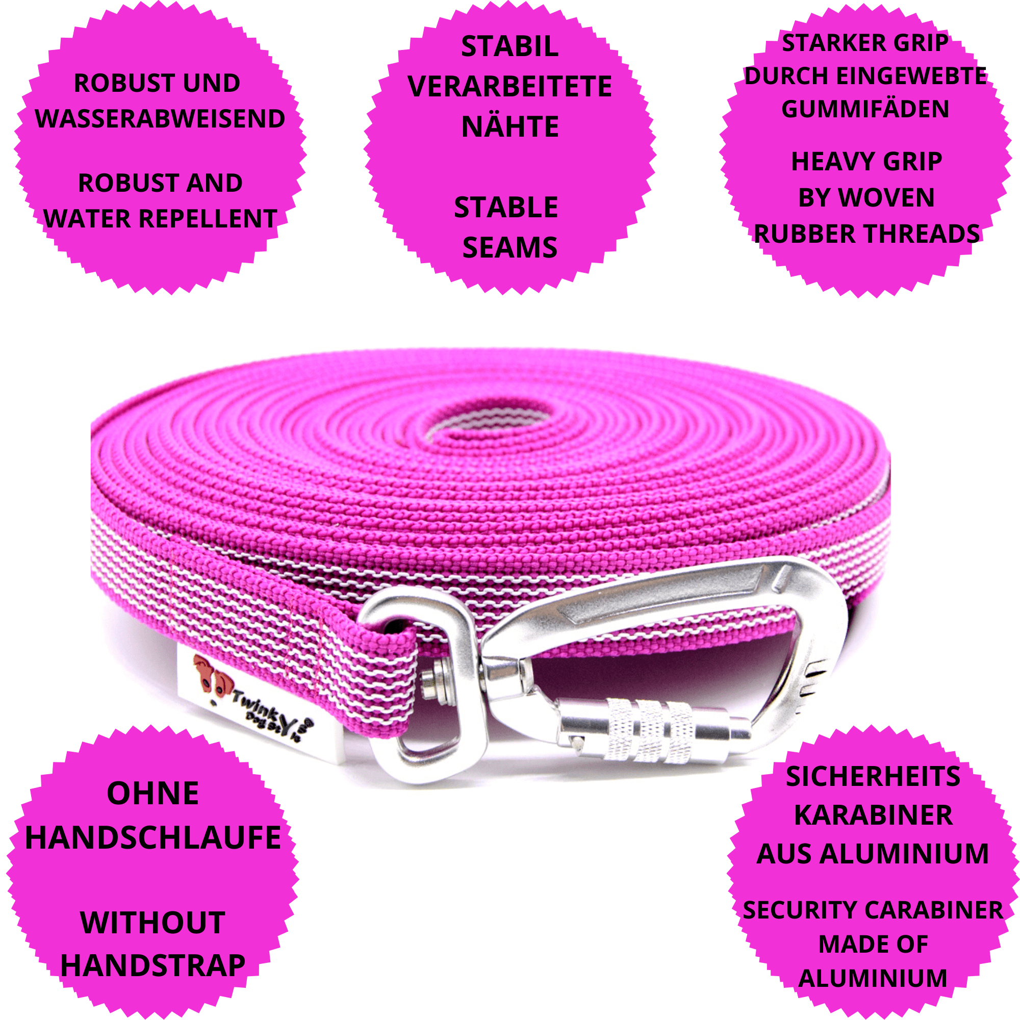 Vorteile Twinkys Dog Style Schleppleine pink gummiert mit Sicherheitskarabiner und ohne Handschlaufe Pink gummierte Schleppleine mit Sicherheitskarabiner liegt aufgerollt auf weißem Hintergrund. Drumherum sind Punkte mit Vorteilen von pink gummierten Schleppleine mit Sicherheitskarabiner und ohne Handschlaufe