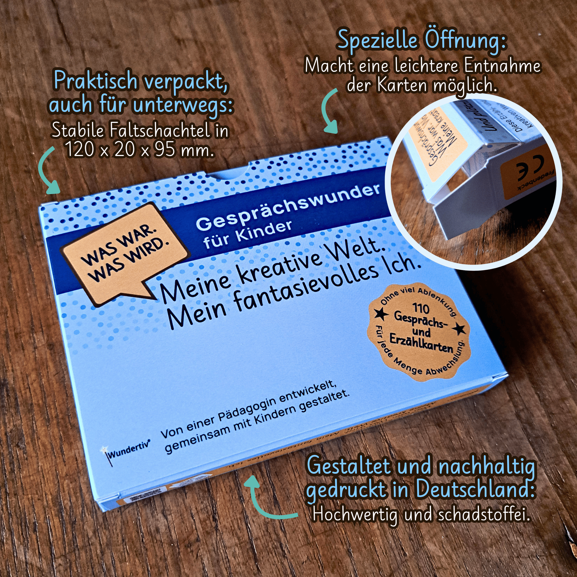 Die Box des 2. Gesprächswunder Sets liegt flach auf einem Holztisch. Ein kreisförmiger Detailausschnitt zeigt die praktische seitliche Öffnung. Texte informieren z. B. über die Maße, schadstofffreie Produktion und Herstellung in Deutschland.