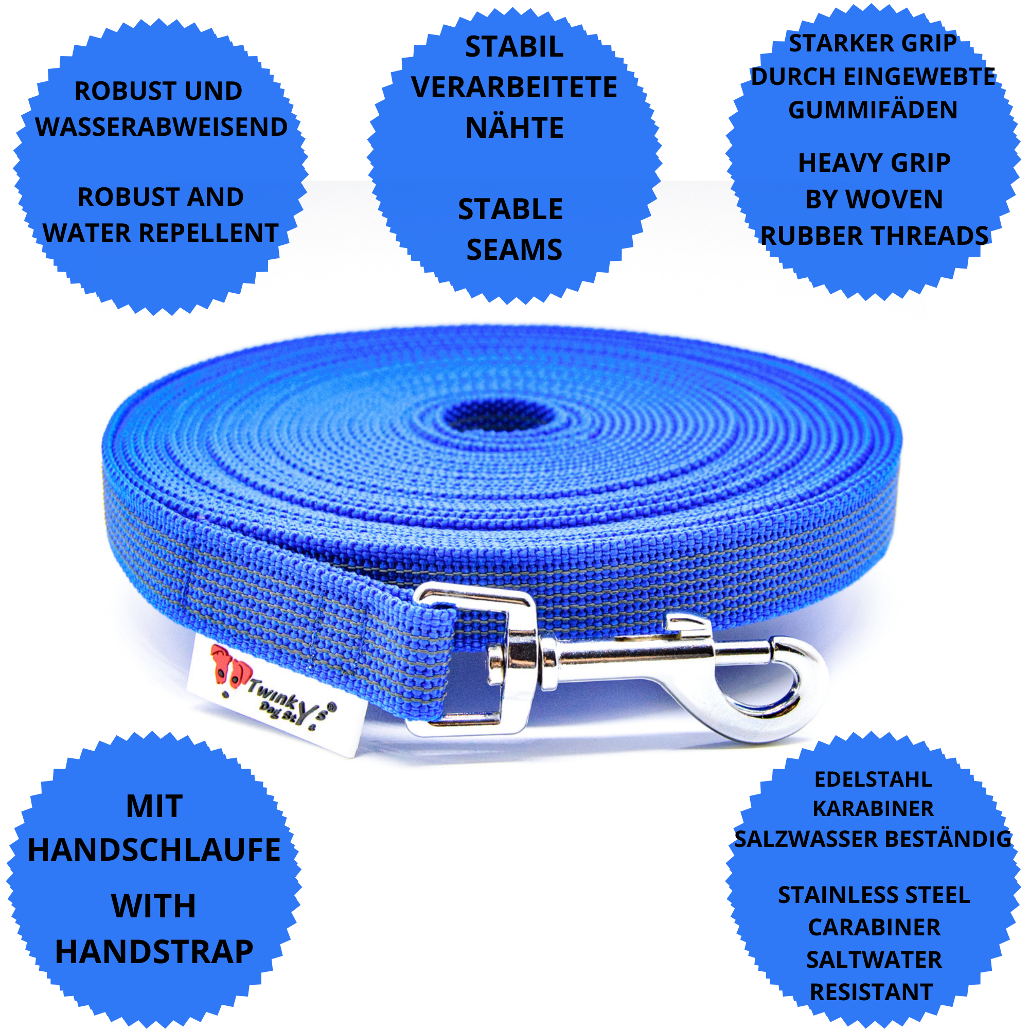Vorteile Twinkys Dog Style Schleppleine Blau gummiert mit Edelstahlkarabiner und Handschlaufe Blau gummierte Schleppleine liegt aufgerollt auf weißem Hintergrund. Drumherum sind Punkte mit Vorteilen dieser Schleppleine mit Edelstahlkarabiner und Handschlaufe zu sehen.