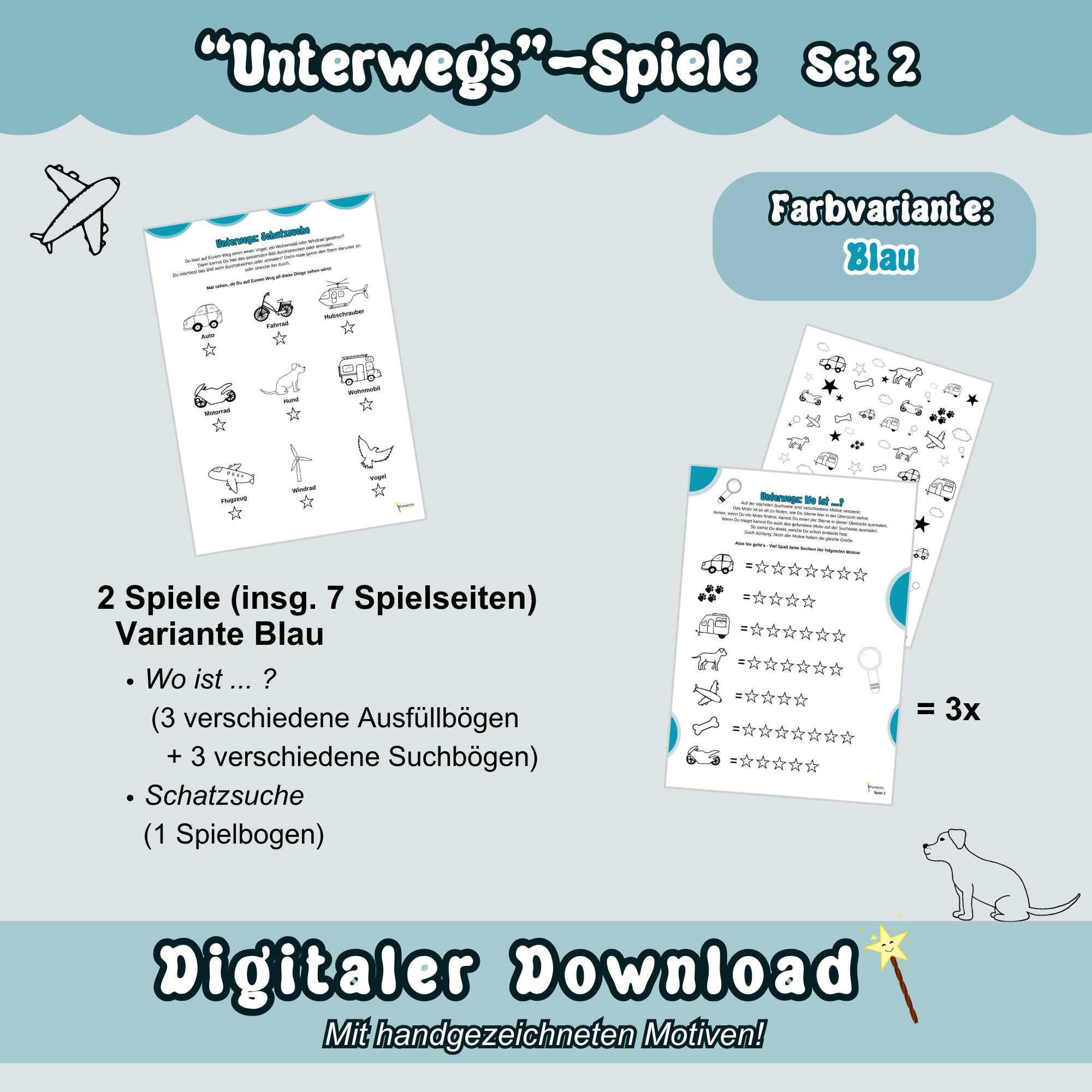 Übersichtsbild zum Spiele-Set 1 zum Thema "Unterwegs" - Überblick in Blau: Alle blauen Spielbögen von Set 2 sind auf blauem Hintergrund zu sehen. Dazu sind Inhaltsangaben zu den enthaltenen Spielen aufgezeigt.