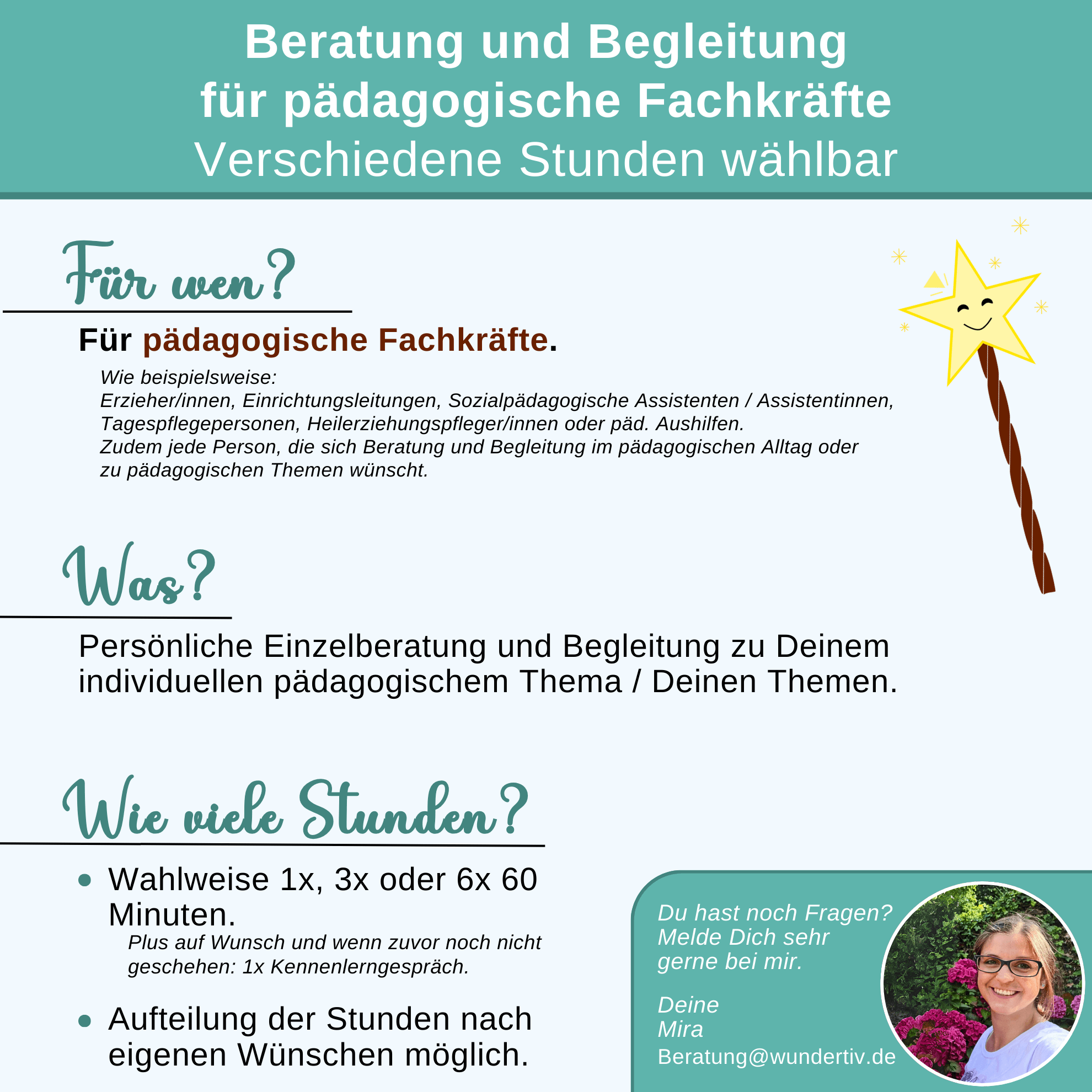 Produktbild zur Beratung und Begleitung für pädagogisches Personal von Mira Dahm von Wundertiv Die Kurzbeschreibung des Beratungs- und Begleitangebots von Mira Dahm von Wundertiv für pädagogische Fachkräfte auf blauem Hintergrund