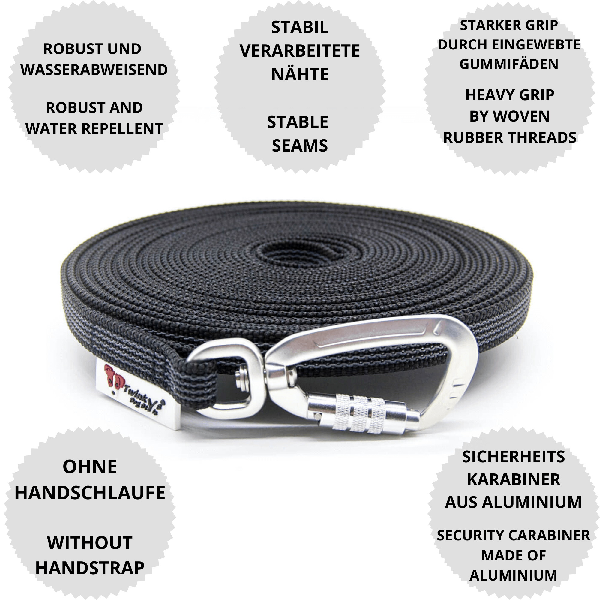 Vorteile Twinkys Dog Style Schleppleine schwarz gummiert mit Sicherheitskarabiner, ohne Handschlaufe Schwarz gummierte Schleppleine mit Sicherheitskarabiner liegt aufgerollt auf weißem Hintergrund. Drumherum sind Punkte mit Vorteilen von dieser Schleppleine mit Sicherheitskarabiner, ohne Handschlaufe.