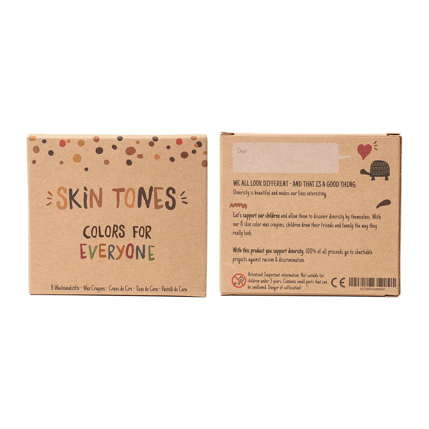 Englischsprachige Vorder- und Rückseite vom Hautfarben Wachsmalstifte-Set Englischsprachige Verpackung der Hautfarben Wachsmalstifte von Hinten und Vorne auf weißem Hintergrund