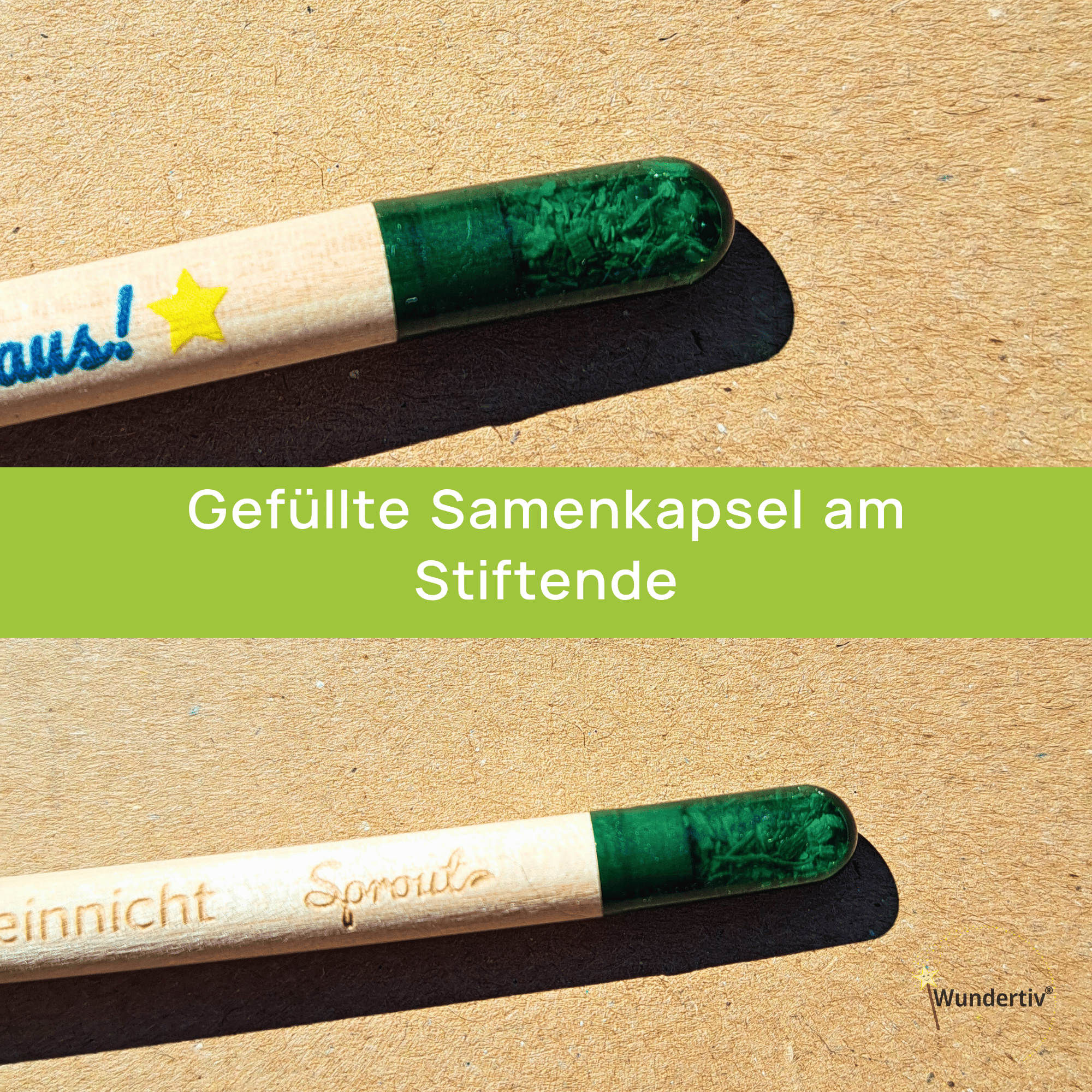 Nahaufnahme der gefüllten Samenkapsel am Sprout-Stift Zweigeteiltes Bild: Detailansicht der grünen, gefüllten Samenkapsel am Stiftende sowie die feine Gravur „Vergissmeinnicht“ und „Sprout“.