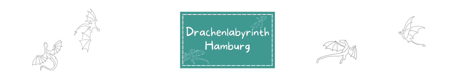 Titelbild zum Datenbankeintrag Drachenlabyrinth Türkis Rechteckt mit gestrichelter weißer Umrandung etwas vom Rand entfernt. Darauf mit weißer Schrift "Drachenlabyrinth". Drumherum Symbole die zu Ausflugsziel passen.