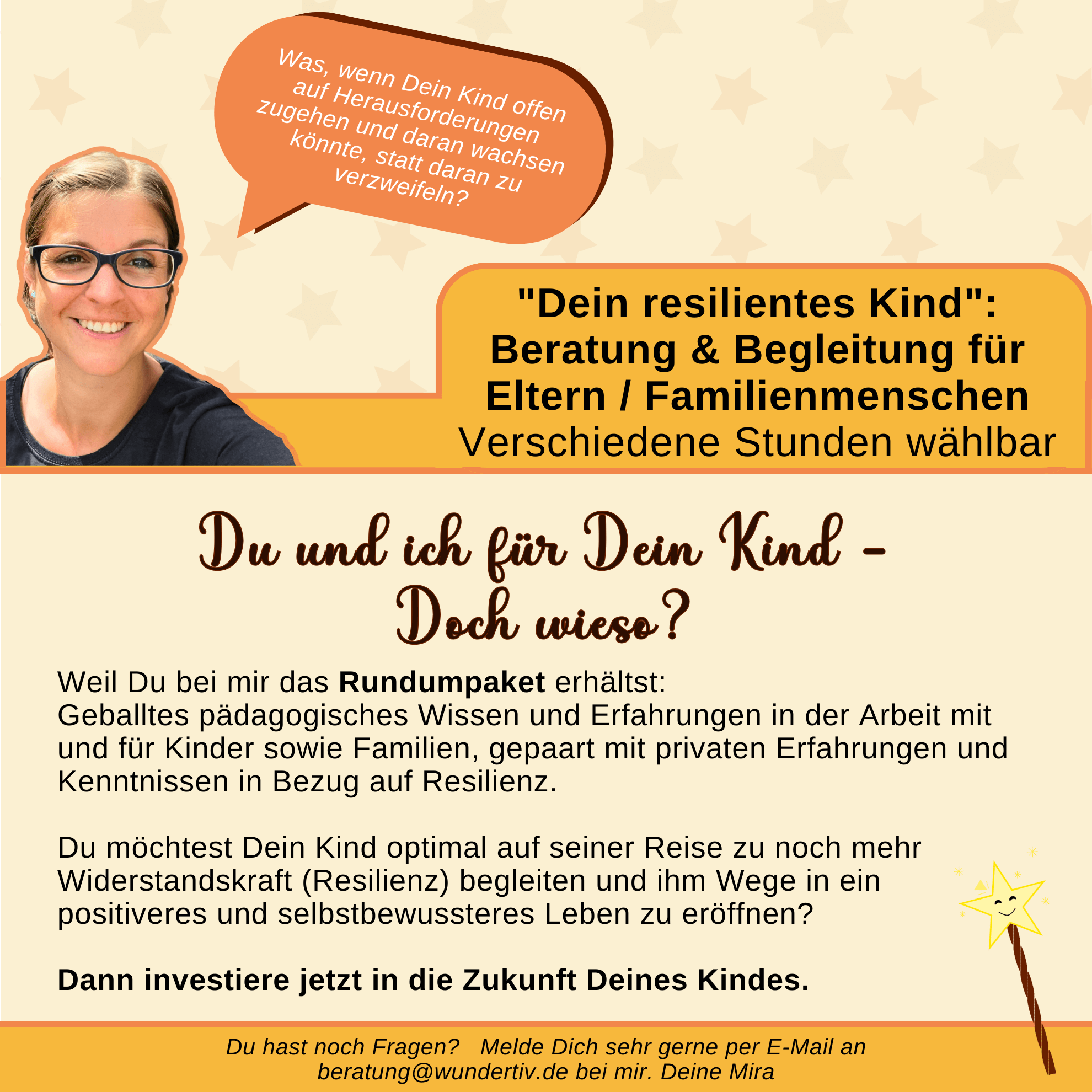 Die Kurzbeschreibung des Resilienzberatungs- und Begleitangebots "Dein resilientes Kind" für Eltern und Familienmenschen von Mira Dahm von Wundertiv auf orange gelben Hintergrund