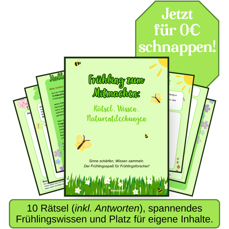 Vorschaubild für das 0€-Produkt von Wundertiv mit dem Thema: Frühling zum Mitmachen Vorschaubild für "Frühling zum Mitmachen"-PDF für 0€. Es sind einige Seiten des PDFs übereinandergelegt zu sehen, sowie eine grüner Flagge mit den Worten "Jetzt für 0€ schnappen". Unterhalb ein grüner Kasten mit einer Auflistung des Inhalts.