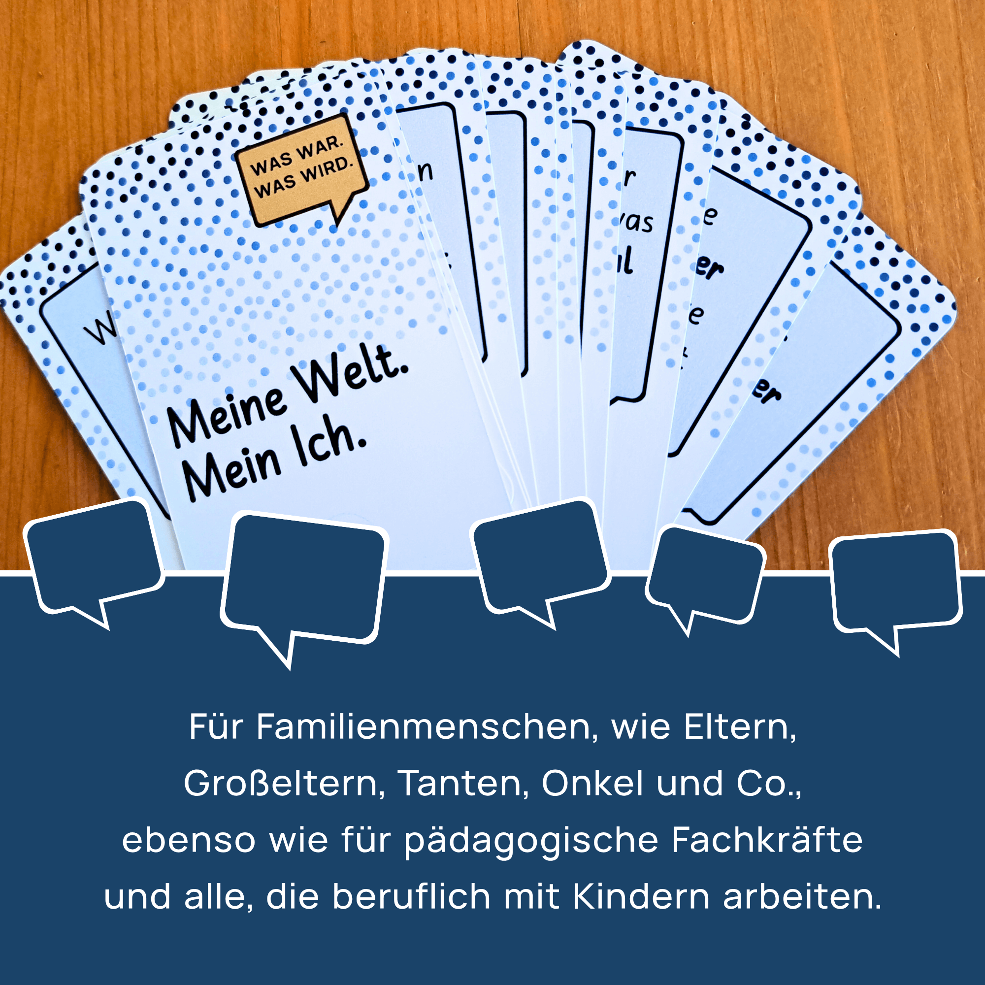 Zielgruppe: Familien und Pädagogen für Gespräche mit Kindern | Gesprächskarten für Kinder "Gesprächswunder Was war. Was wird. Meine Welt. Mein Ich." Aufgefächerte Gesprächskarten liegen auf einem Holztisch. Der Text richtet sich an Familienmenschen (Eltern, Großeltern etc.) sowie an pädagogische Fachkräfte und alle, die beruflich mit Kindern arbeiten, um die Kommunikation zu fördern.