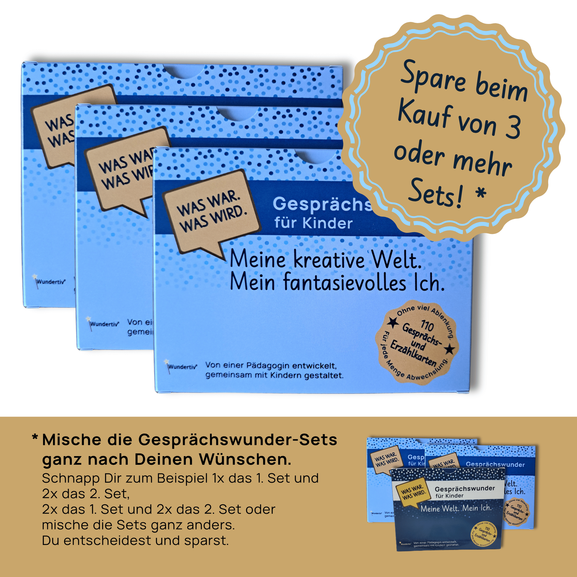 Drei blaue Gesprächswunder-Kartensets mit einem goldenen Siegel, das auf einen Mengenrabatt beim Kauf von drei beliebig gemischten Sets hinweist.