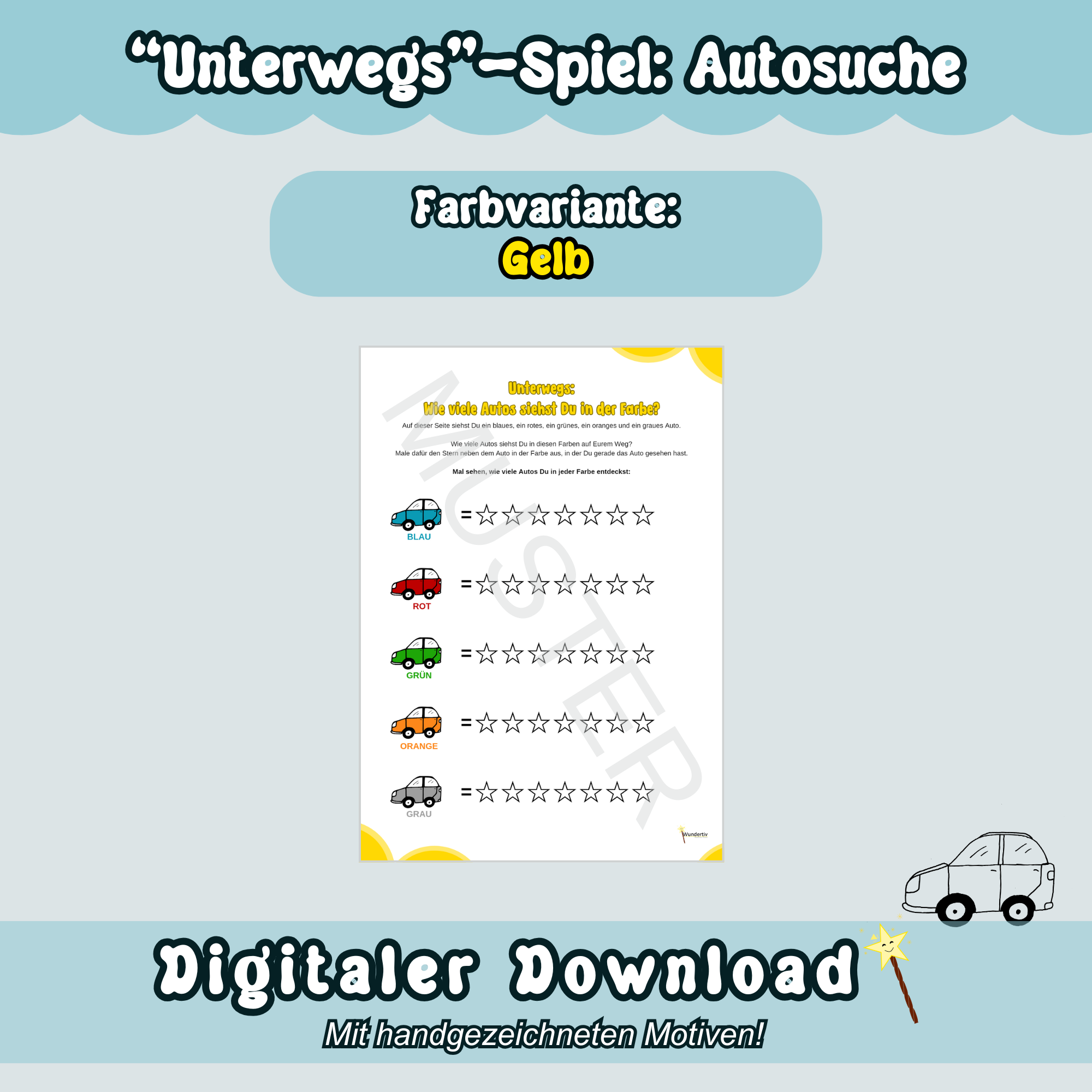 Musterbild zum Spiel "Autosuche" bzw. "Wie viele Autos siehst Du" mit gelben Highlights: Der Spielbogen ist hier auf blauem Hintergrund zu sehen. Überschrift "Unterwegs-Spiele: Autosuche". Unten ist mittig "Digitaler Download" zu lesen.