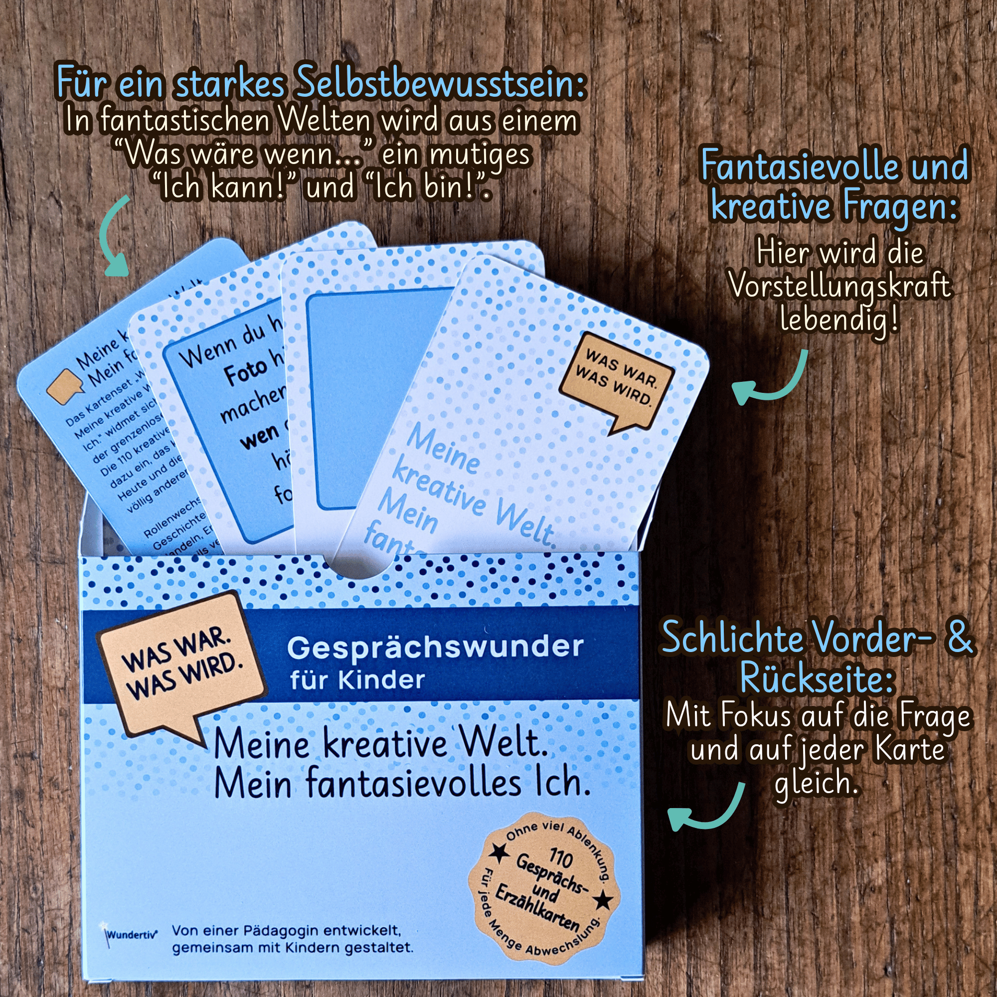 Übersicht: Gesprächskarten für Kinder. Verpackung und Inhaltsbeispiele. Gesprächswunder "Was war. Was wird. Meine kreative Welt. Mein fantasievolles Ich." Vorderansicht der hellblauen Box des 2. Gesprächswunder-Sets. Vier Spielkarten ragen oben aus der Schachtel (1 Fragekarte von Vorn, 1 Fragekarte von hinten, 1 Blankokarte, 1 Hinweiskarte). Text-Einblendungen erklären einige Vorteile der Gesprächskarten.
