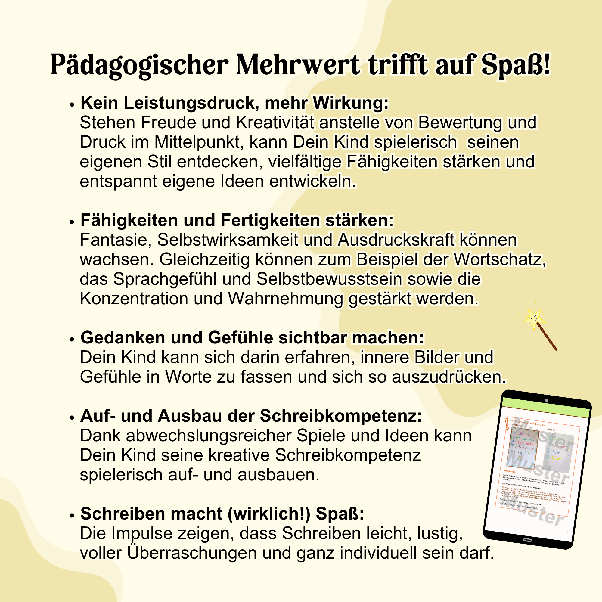 Textgrafik zum pädagogischen Mehrwert der "Wörterwunder und Wunderwörter" Schreibspiele und -ideen, das ohne Leistungsdruck die Freude am Schreiben und kreative Fähigkeiten stärkt, Fantasie und Selbstbewusstsein fördert, Gedanken sichtbar macht und die Sc