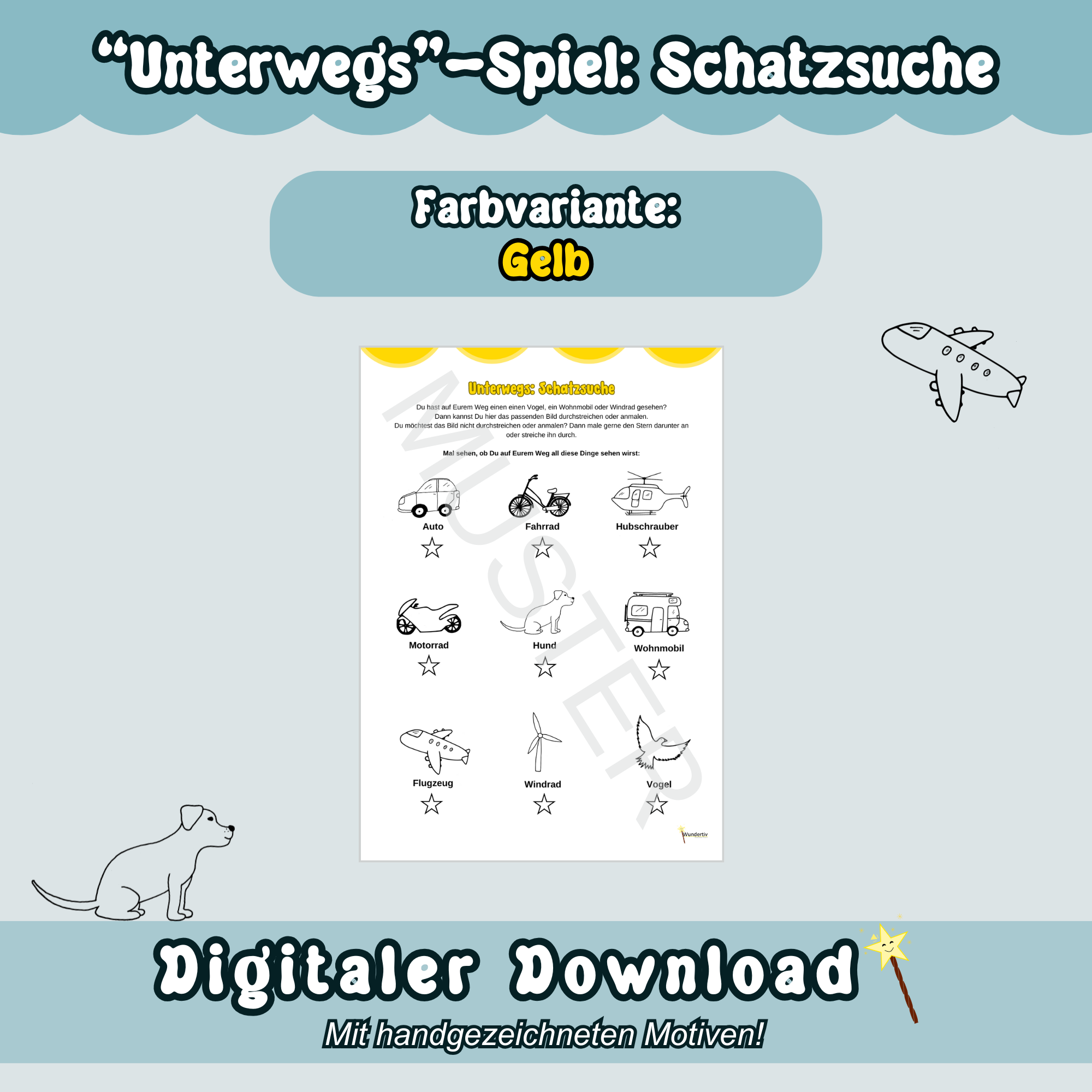 Musterbild zum Spiel "Schatzsuche" mit gelben Highlights: Der Spielbogen ist hier auf blauem Hintergrund zu sehen. Überschrift "Unterwegs-Spiel: Schatzsuche". Unten steht "Digitaler Download".
