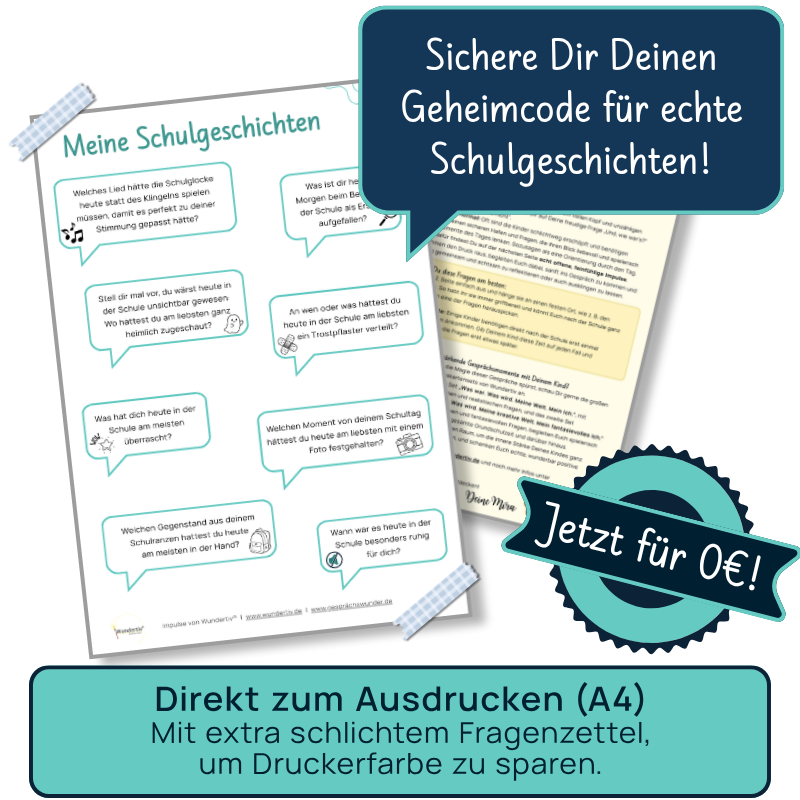 Vorschau auf das Wundertiv-0€-Produkt "8 kleine Fragen für große Schulgeschichten". Die Grafik zeigt ein wertvolles PDF, um den Schultag gemeinsam mit dem Kind entspannt zu reflektieren und tiefere Einblicke in die Schulwelt zu gewinnen.