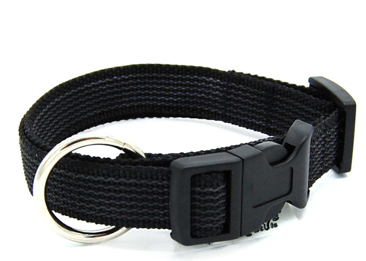 Schwarz gummiertes Halsband 20 mm von Twinkys Dog Style im geschlossenen Zustand Schwarz gummiertes Halsband liegt geschlossen auf weißem Hintergrund