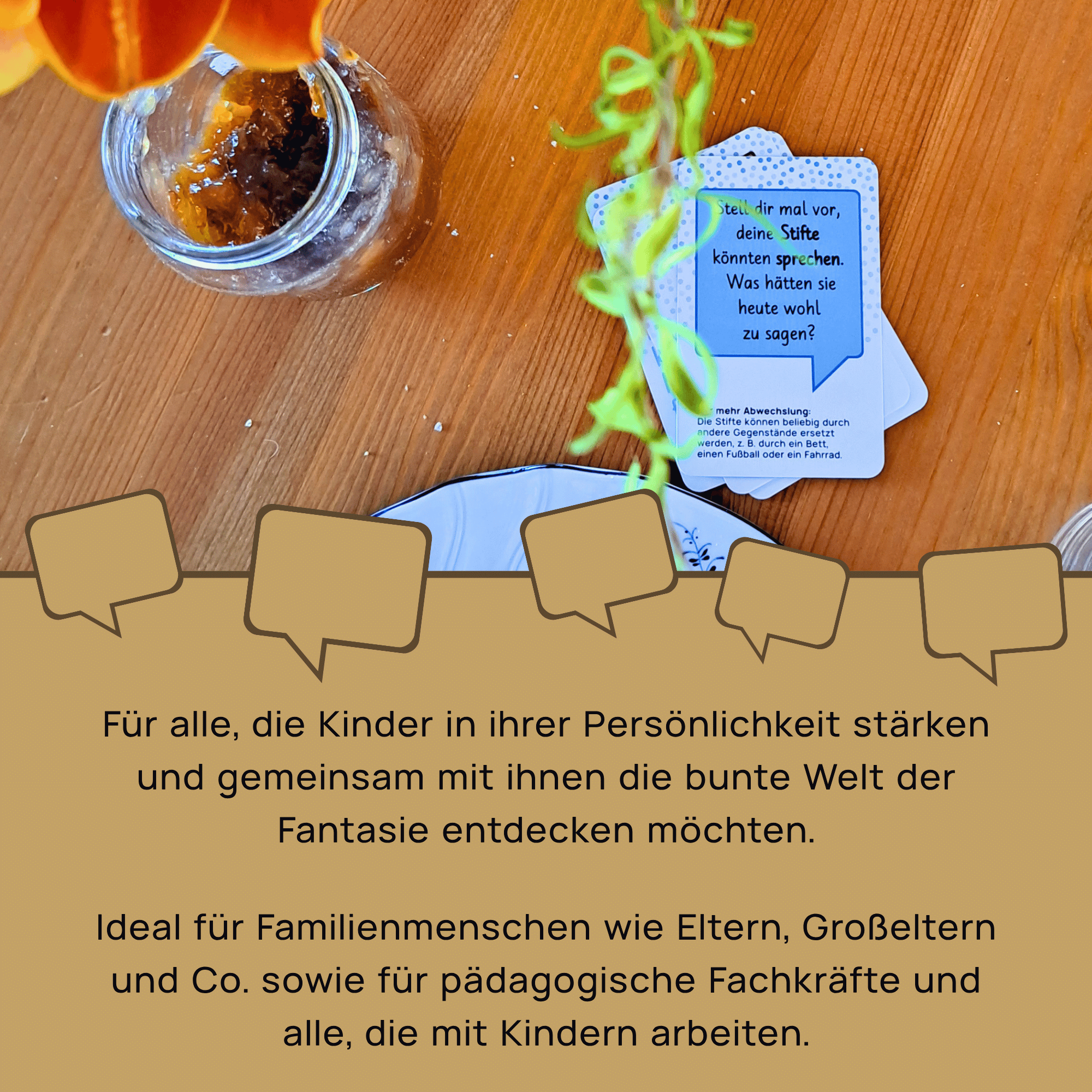 Für wen eignen sich die Gesprächswunder Fragekarten? Ein gedeckter Holztisch mit einer Gesprächswunder-Karte. Der Text erklärt die Zielgruppe: Eltern, Großeltern und pädagogische Fachkräfte zur Stärkung von Kindern.