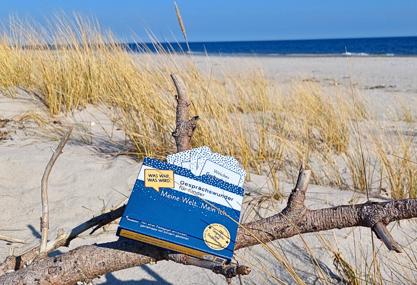 Erstes Gesprächswunder-Kartenset platziert auf einem Treibholz-Ast am Strand - Länglich Das dunkelblaue Gesprächswunder-Kartenset platziert auf einem Treibholz-Ast vor einer Dünen- und Strandkulisse. Eine helle, sommerliche Szene am Meer.