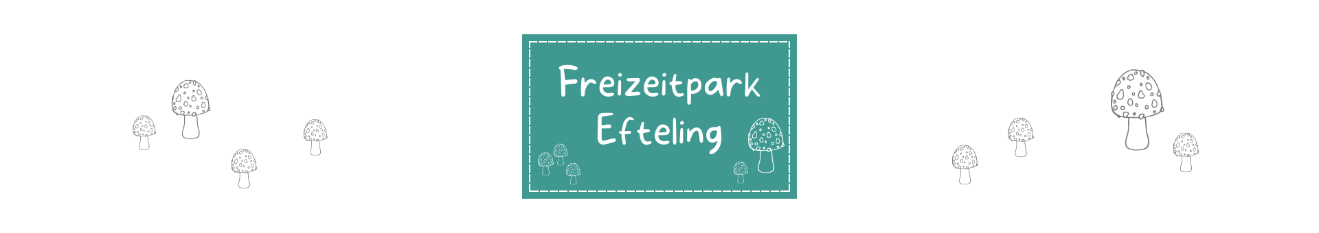 Titelbild vom Datenbankeintrag zum Freizeitpark Efteling Türkis Rechteckt mit gestrichelter weißer Umrandung etwas vom Rand entfernt. Darauf mit weißer Schrift "Freizeitpark Efteling". Drumherum Symbole die zu Ausflugsziel passen.
