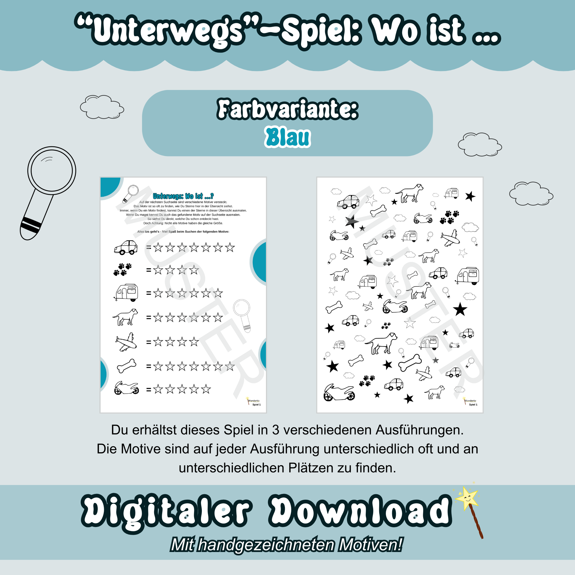 Musterbild zum Wundertiv Spiel "Wo ist ..." - Version: Blau, Digitaler PDF Download Musterbild zum Spiel "Wo ist …" mit blauen Highlights: Beides Spielbögen des Spiels sind auf blauem Hintergrund zu sehen. Überschrift "Unterwegs-Spiel: Wo ist …". Unten steht "Digitaler Download".