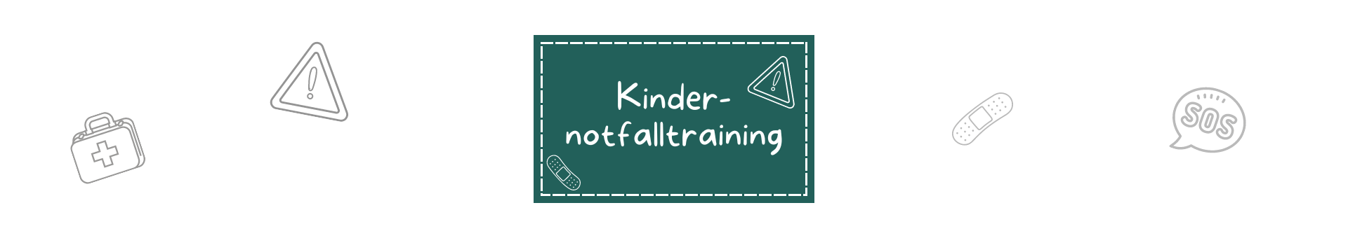 Titelbild vom Datenbankeintrag zum Onlinekurs für Kindernotfälle Dunkel-Türkis Rechteckt mit gestrichelter weißer Umrandung etwas vom Rand entfernt. Darauf mit weißer Schrift "Kindernotfalltraining". Drumherum Symbole die zu diesem Onlinekurs für Eltern passen.