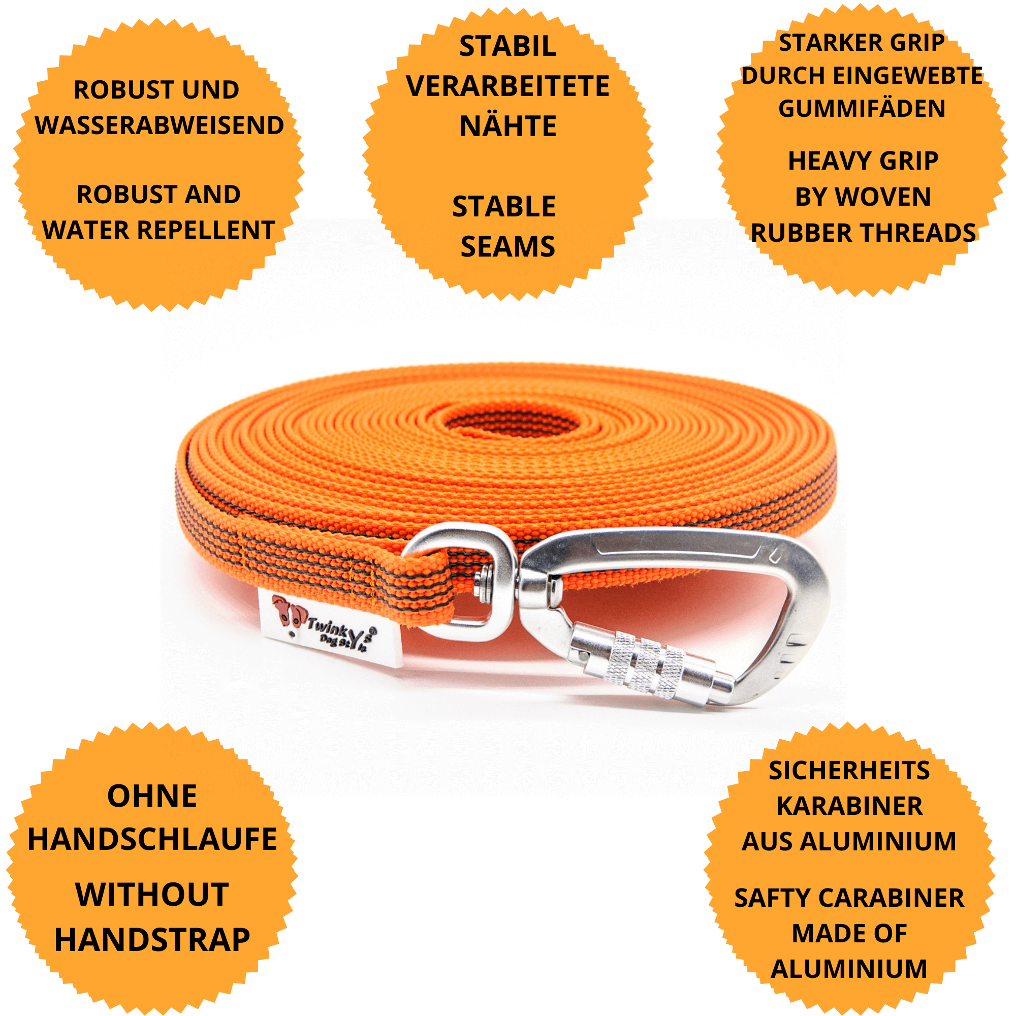 Vorteile Twinkys Dog Style Schleppleine orange gummiert mit Sicherheitskarabiner, ohne Handschlaufe, in 15 mm Breite Orange gummierte 15 mm breite Schleppleine mit Sicherheitskarabiner, liegt aufgerollt auf weißem Hintergrund. Um sie herum sind Punkte mit Vorteilen von dieser gummierten Schleppleine mit Sicherheitskarabiner, ohne Handschlaufe zu sehen.