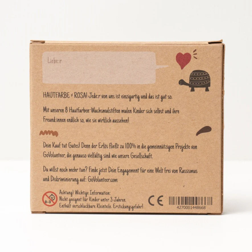 Rückseite vom Hautfarben Wachsmalstifte-Set Verpackung der Hautfarben Wachsmalstifte von Hinten auf weißem Hintergrund