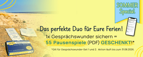 Wundertiv Sommer-Special: Gesprächswunder & gratis Pausenspiele. Werbegrafik für die mobile Ansicht. Sommer-Special-Grafik: Wundertiv Kartenset am Strand. Text: "Das perfekte Duo für Eure Ferien! 1x Gesprächswunder sichern = 55 Pausenspiele (PDF) GESCHENKT!". Rechts ein Handy. Gültig bis 31.08.2026.
