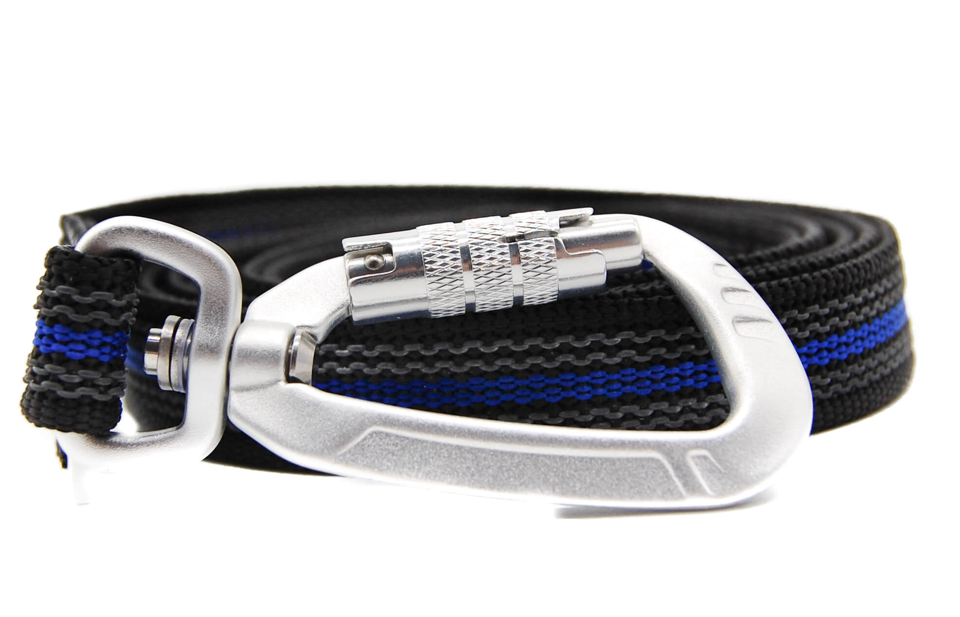 Schwarz Blau Führleine gummiert in 160 cm Länge und 20 mm Breite von Twinkys Dog Style mit Sicherheitskarabiner Schwarz Blau gummierte Führleine in 20 mm Breite und 160 cm Länge mit Sicherheitskarabiner, liegt aufgerollt auf weißem Hintergrund