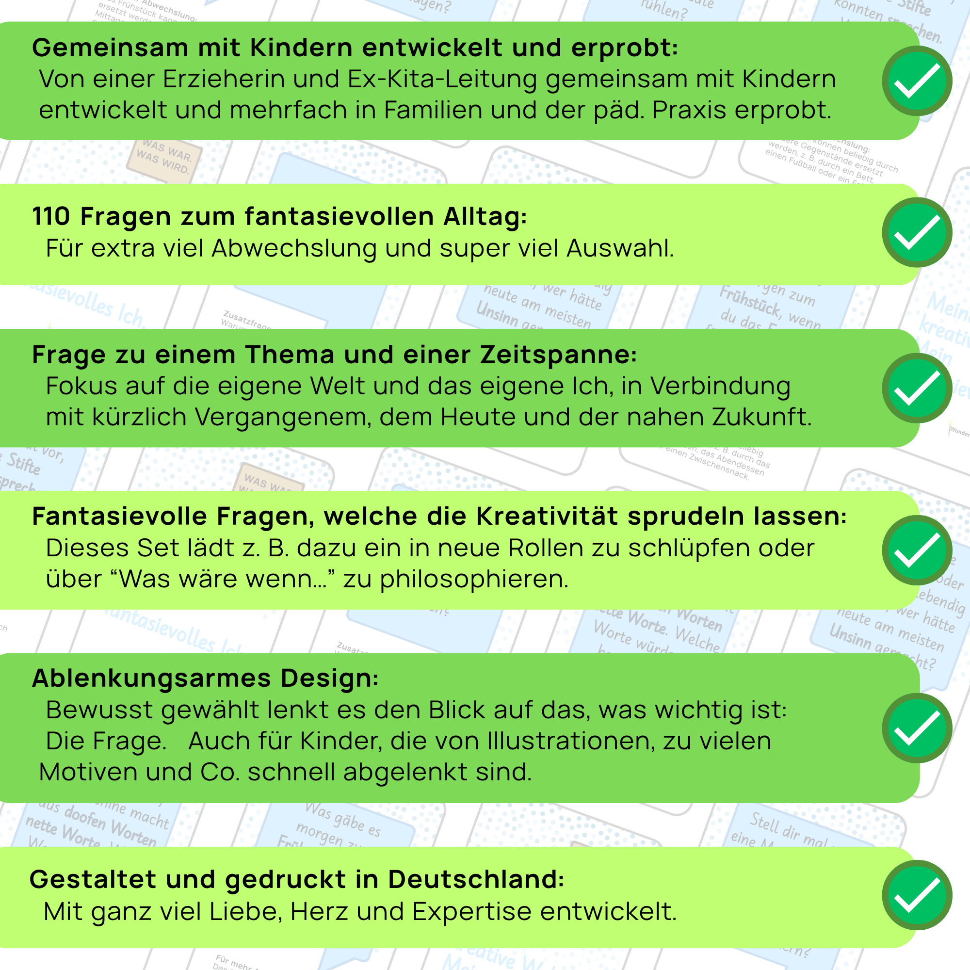 Grafik mit grünen Haken, die Vorteile der Karten auflistet. U.a. pädagogisch erprobt, 110 Fragen, klares Design und Druck.