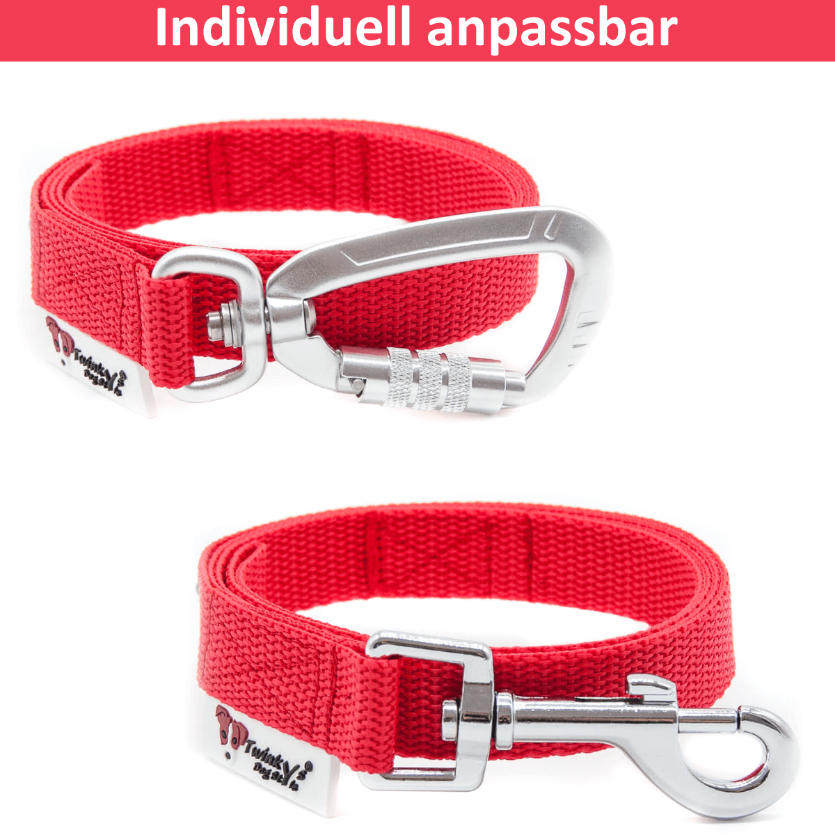 Titelbild der roten 1 Meter Leine aus leichtem Gurtband von Twinkys Dog Style Zwei rote 1 Meter Leinen liegen aufgerollt auf weißem Hintergrund. Eine mit Sicherheitskarabiner, die andere mit Edelstahlkarabiner oder Zinkdruckgusskarabiner. Darüber steht Individuell anpassbar