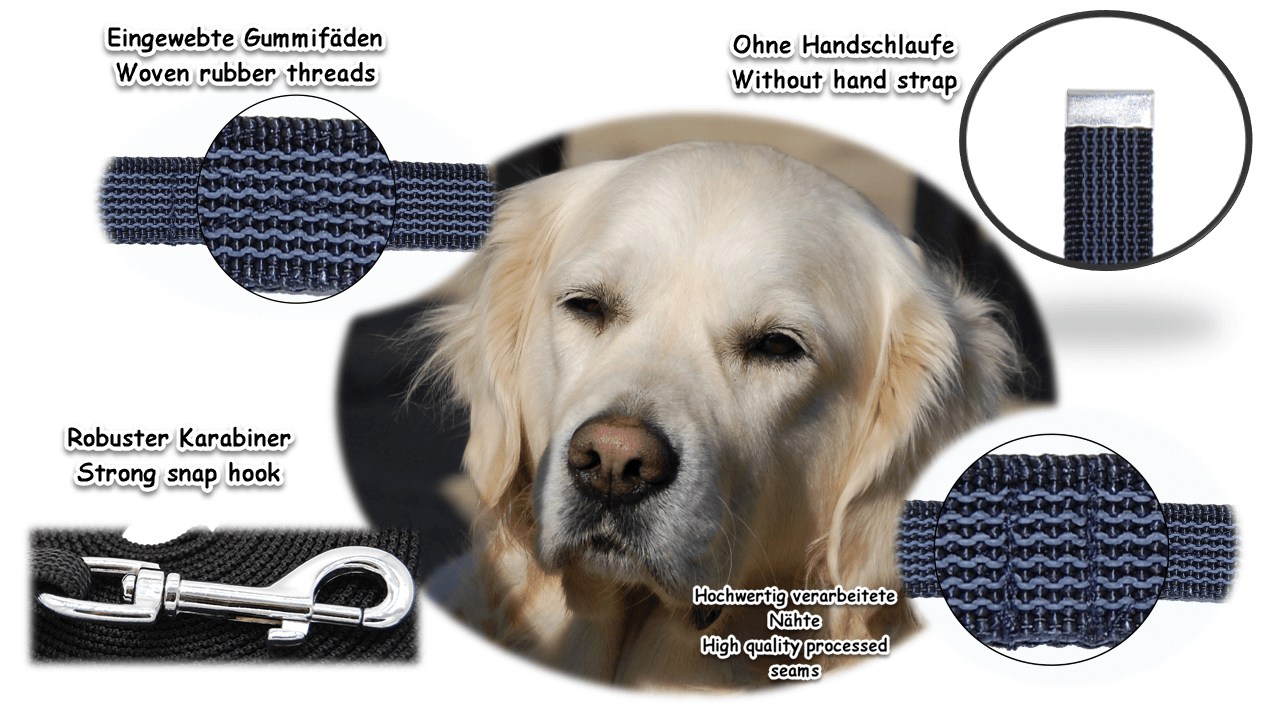Bild von Golden Retriever in der Mitte. Um ihn herum Auflistung von Bildern und Schrift mit Vorteilen von schwarz gummierter Schleppleine ohne Handschlaufe.