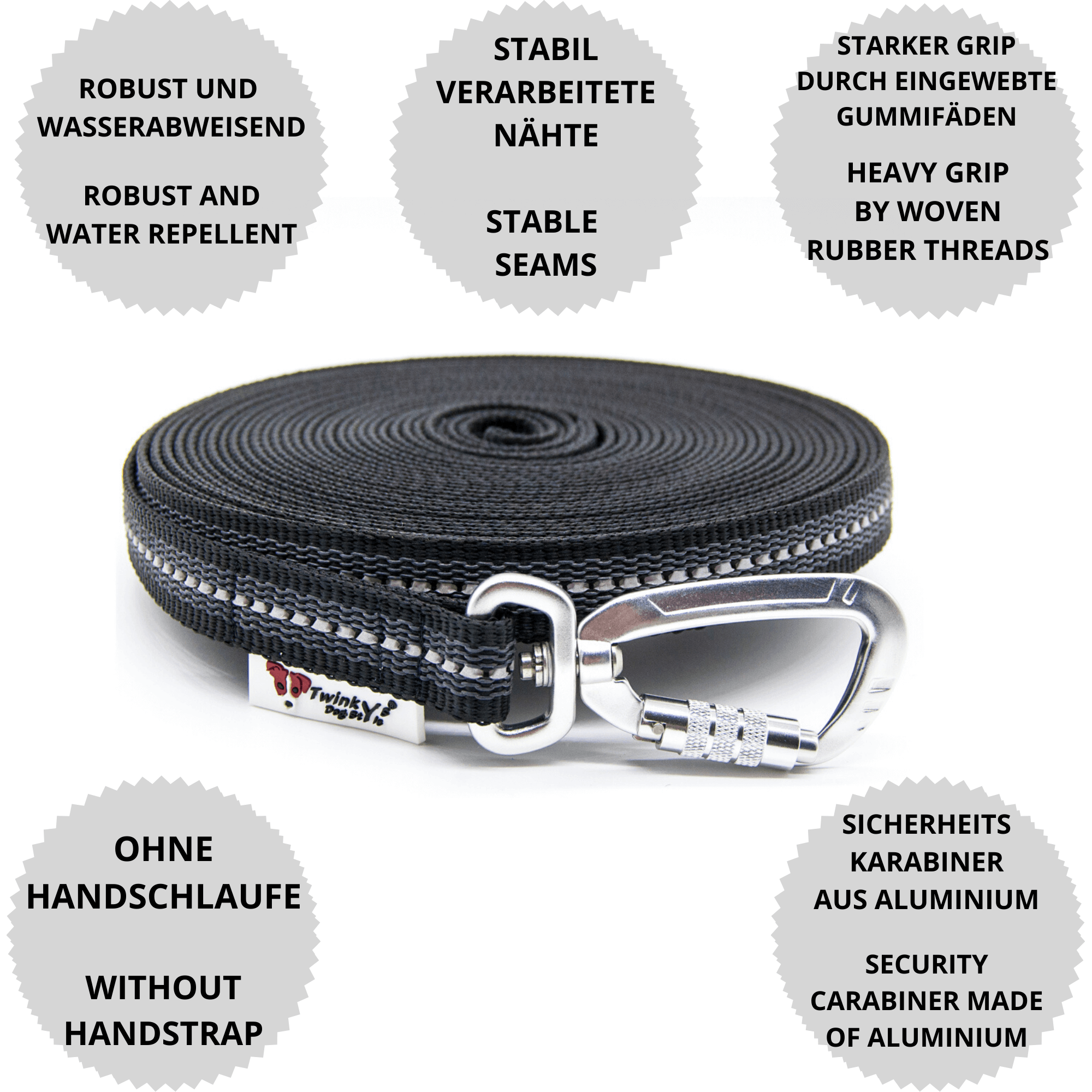 Vorteile Twinkys Dog Style Schleppleine schwarz reflektierend gummiert mit Sicherheitskarabiner, ohne Handschlaufe Schwarz reflektierend gummierte Schleppleine liegt aufgerollt auf weißem Hintergrund. Drumherum sind Punkte mit Vorteilen von dieser Schleppleine mit Sicherheitskarabiner, ohne Handschlaufe
