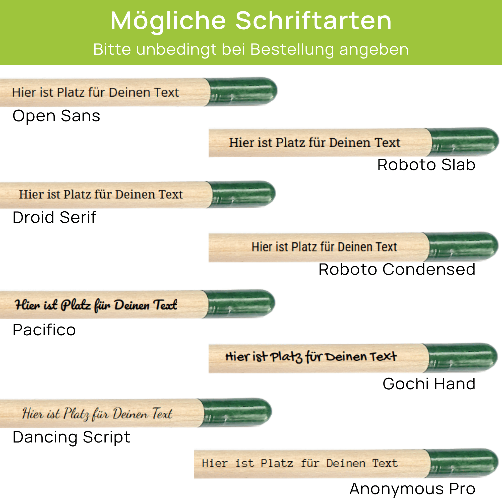 Übersicht von acht verschiedenen Schriftarten für den individuellen Textaufdruck. Die Grafik zeigt Beispiele für die verfügbaren Schriftarten wie Open Sans, Pacifico oder Dancing Script. Der Platzhaltertext Hier ist Platz für Deinen Text veranschaulicht das Design auf dem Stift.