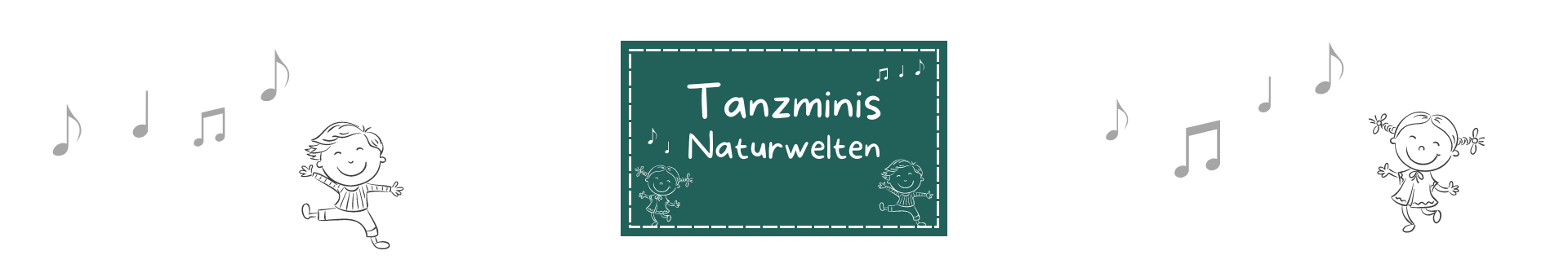 Dunkel-Türkis Rechteckt mit gestrichelter weißer Umrandung etwas vom Rand entfernt. Darauf mit weißer Schrift "Tanzminis Naturwelten". Drumherum Symbole die zu diesem Onlinekurs für Kinder passen.