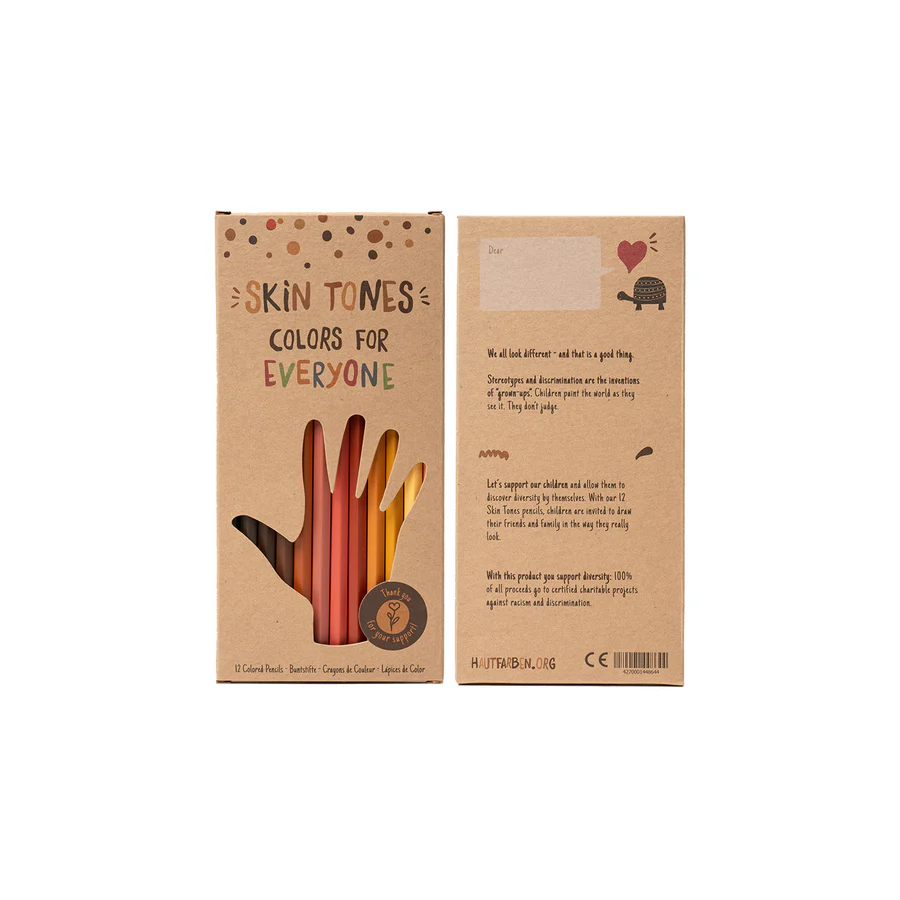 Vorder- und Rückseite der englischen Verpackung vom Hautfarben Buntstifte-Set Englischsprachige Verpackung der Hautfarben Buntstifte von Hinten und Vorne auf weißem Hintergrund