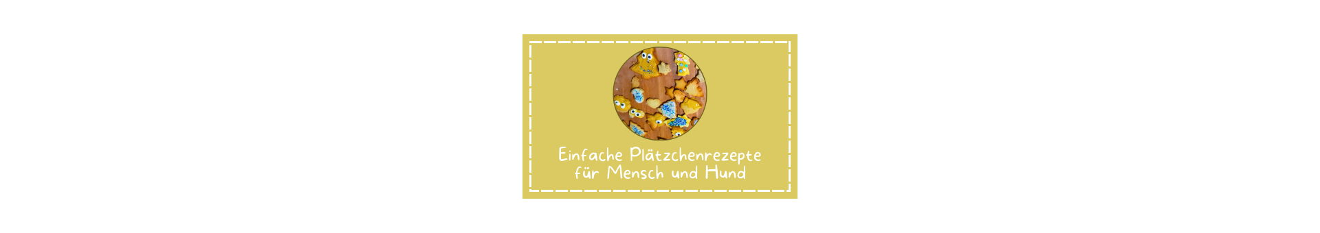 Titelbild zum Magazin Artikel in dem es um das gemeinsame Backen mit Kindern geht und Keksrezepte für Mensch und Hund enthält. Ein sandfarbener Kasten mit einem Kreis in der Mitte in dem verzierte Ausstechkekse zu sehen sind. Darunter die Wörter: Einfache Plätzchenrezept für Mensch und Hund.